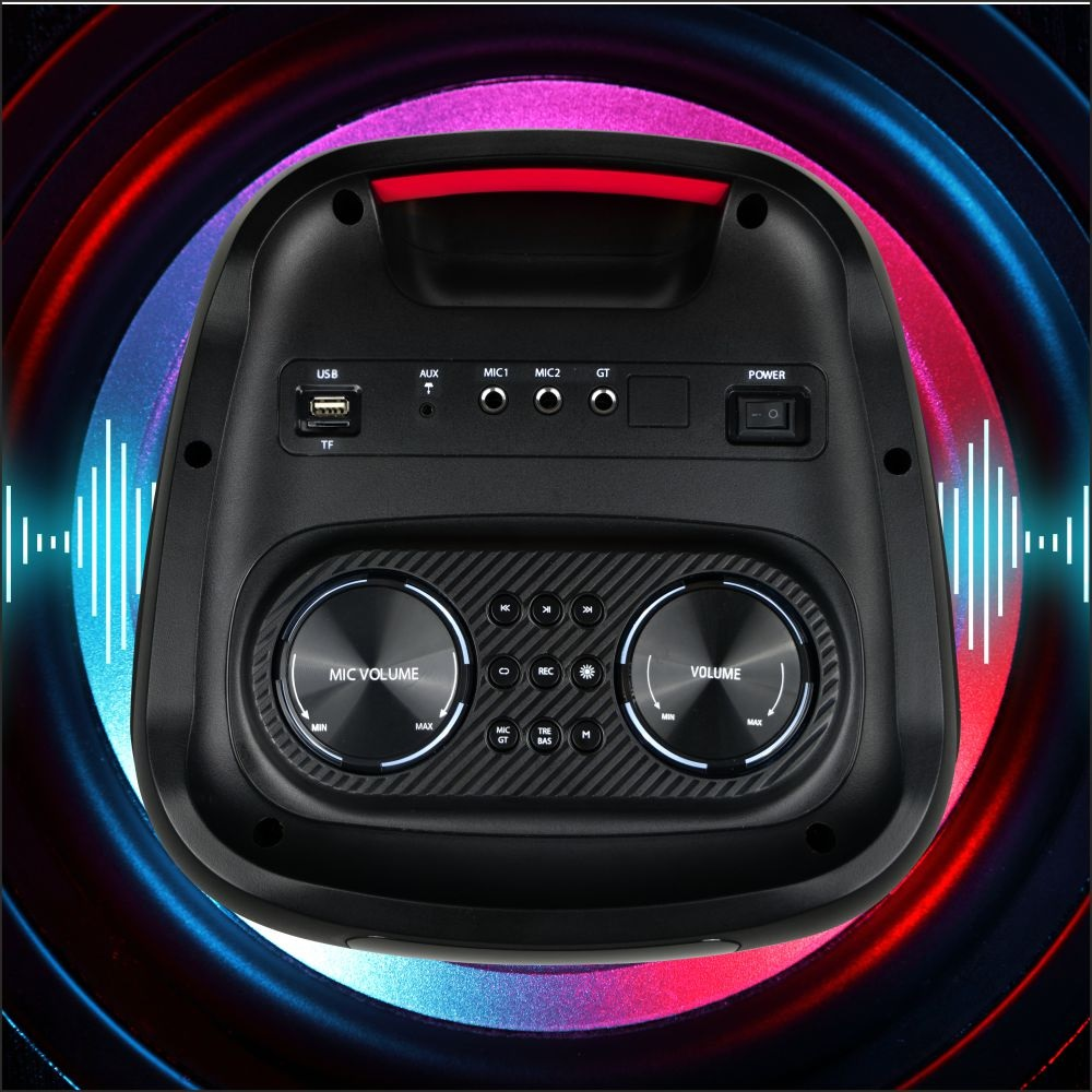 Zbliżenie czarnego głośnika z czerwonymi i niebieskimi pierścieniami świetlnymi.