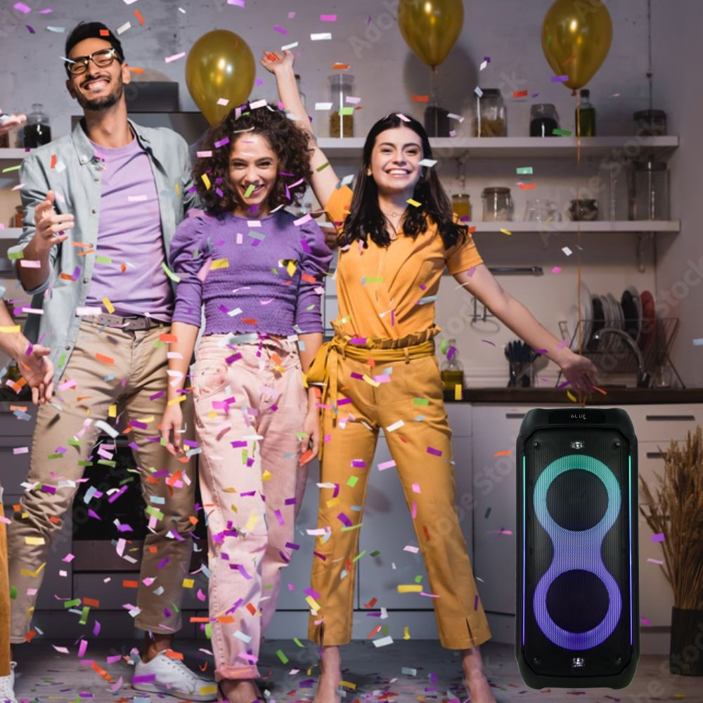 Ludzie na przyjęciu z konfetti i balonami. Głośnik ze światłami z przodu, tworzący atmosferę.