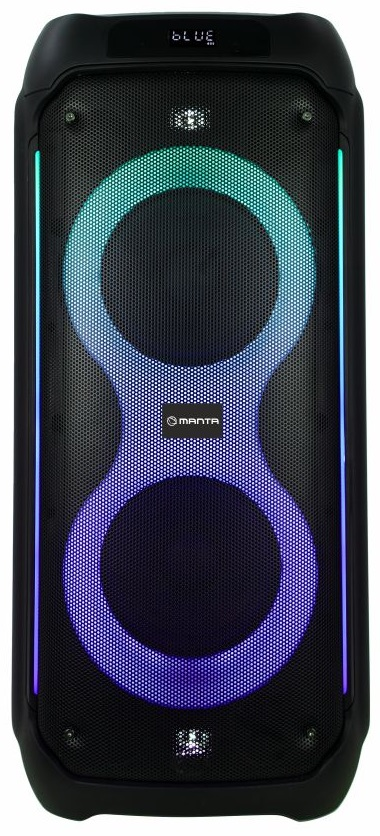 Czarny głośnik z niebieskimi światłami i wyświetlonym słowem „blue”.