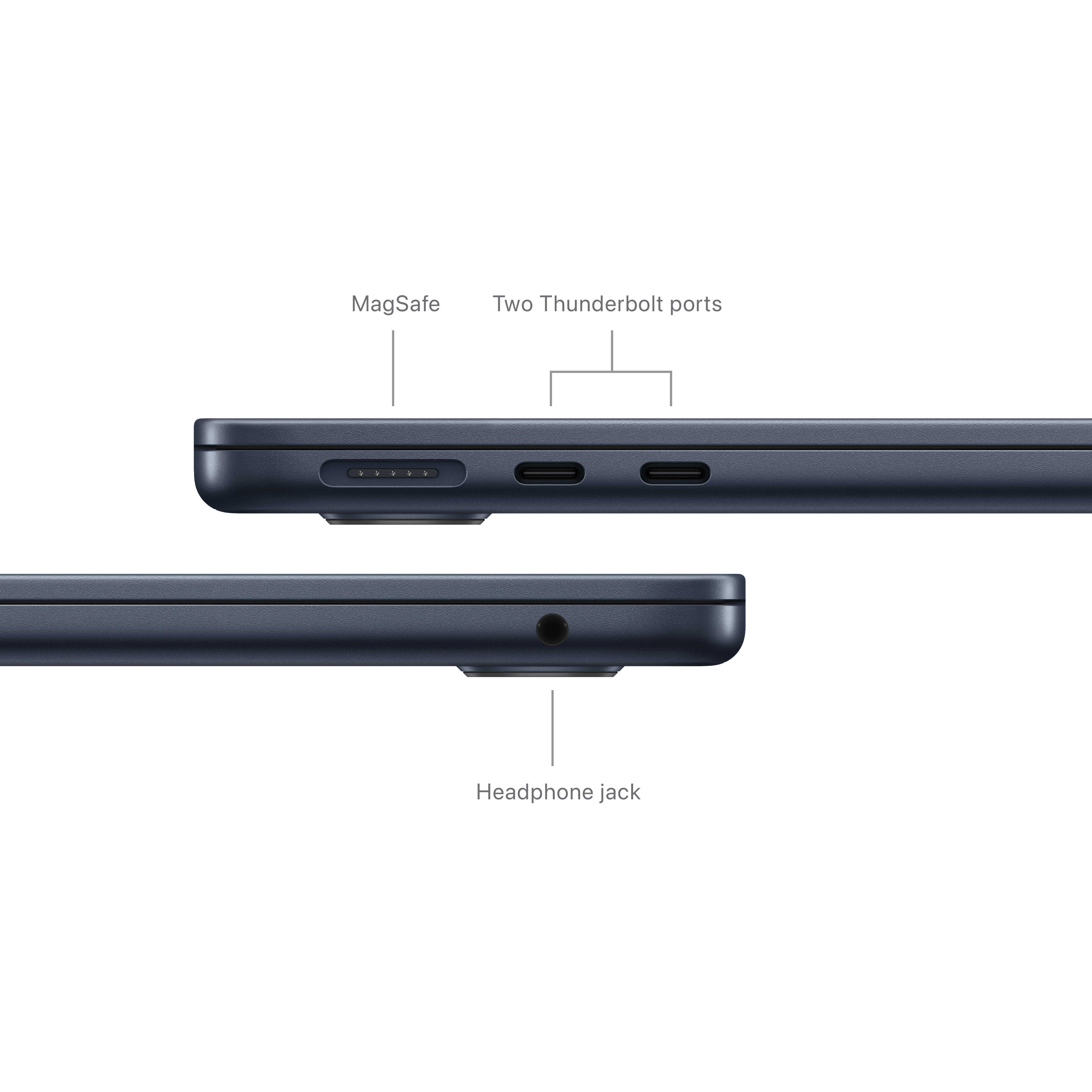 Nahaufnahme der Seite eines dunkelblauen Laptops. Zeigt MagSafe, zwei Thunderbolt-Anschlüsse und einen Kopfhöreranschluss.