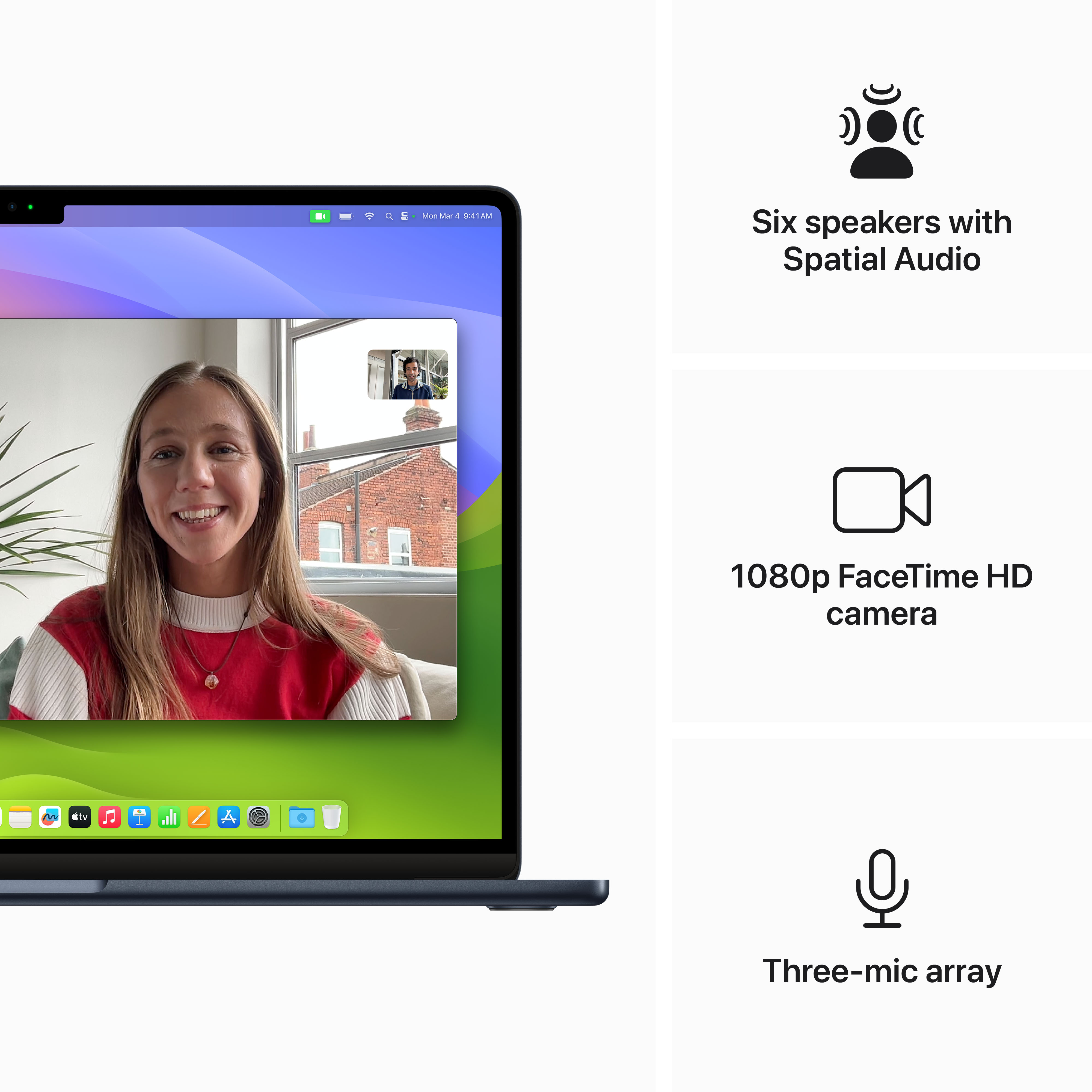 Ordinateur portable avec appel vidéo à l'écran et icônes : six haut-parleurs, caméra 1080p et réseau de micros.
