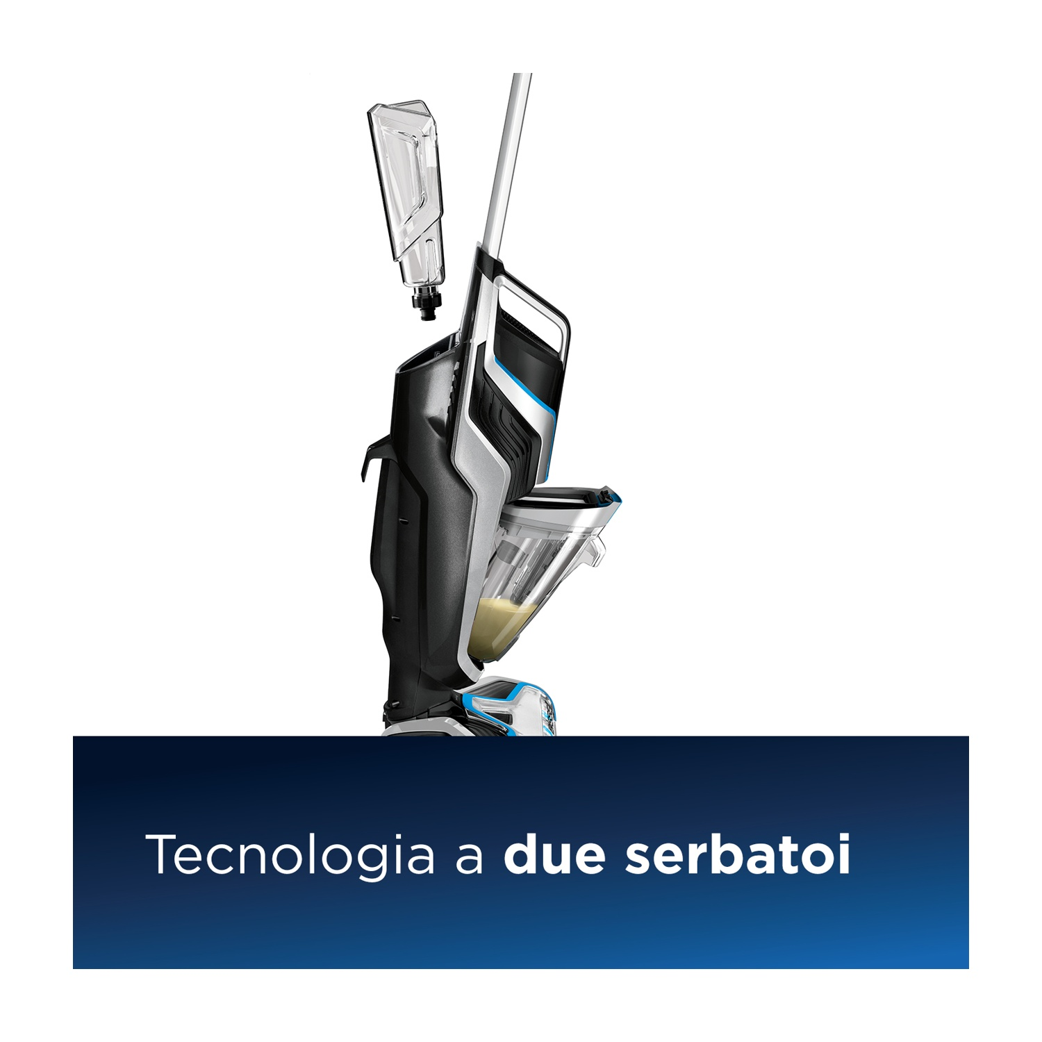 Un aspirapolvere con due serbatoi, con un testo in italiano: Tecnologia a due serbatoi. Sfondo bianco.