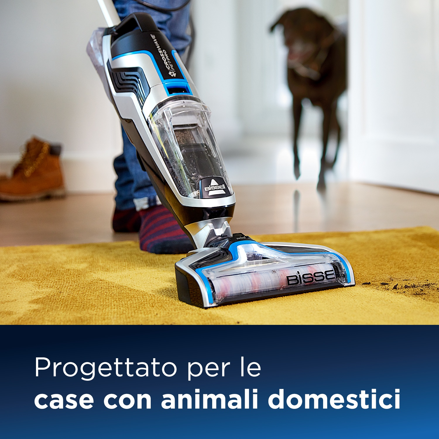 Una persona passa l'aspirapolvere su un tappeto giallo; un cane e un piede sono nella cornice.