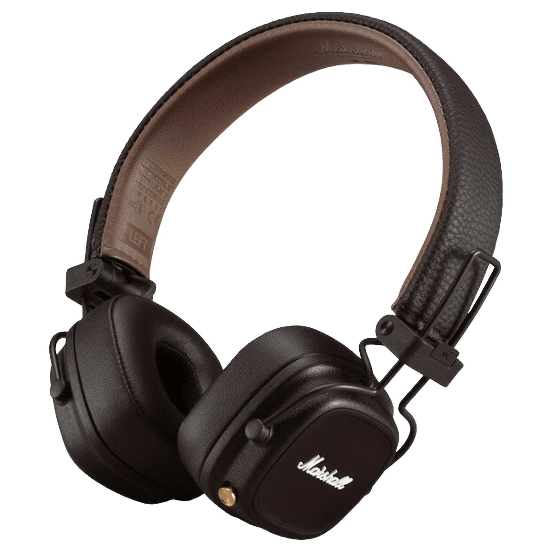 Czarne słuchawki Marshall z brązowym pałąkiem, na ciemnym tle. Widoczna lewa strona.