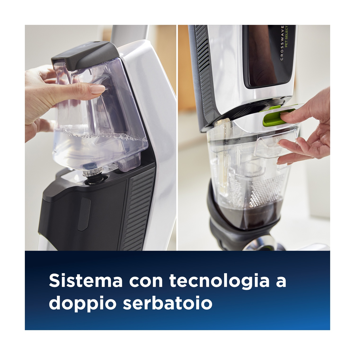 Due mani aprono e chiudono un serbatoio dell'acqua su un apparecchio per la pulizia bianco e nero.