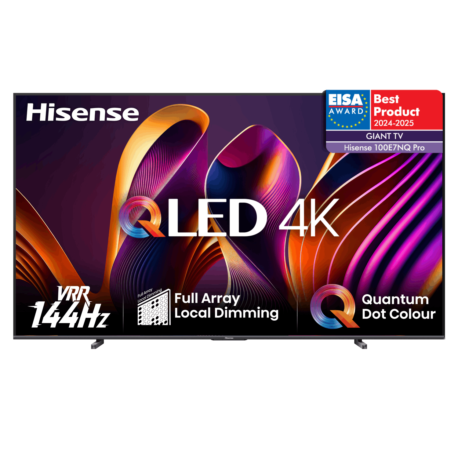 Hisense QLED 4K TV met levendig scherm, verschillende technische functies en award-informatie.