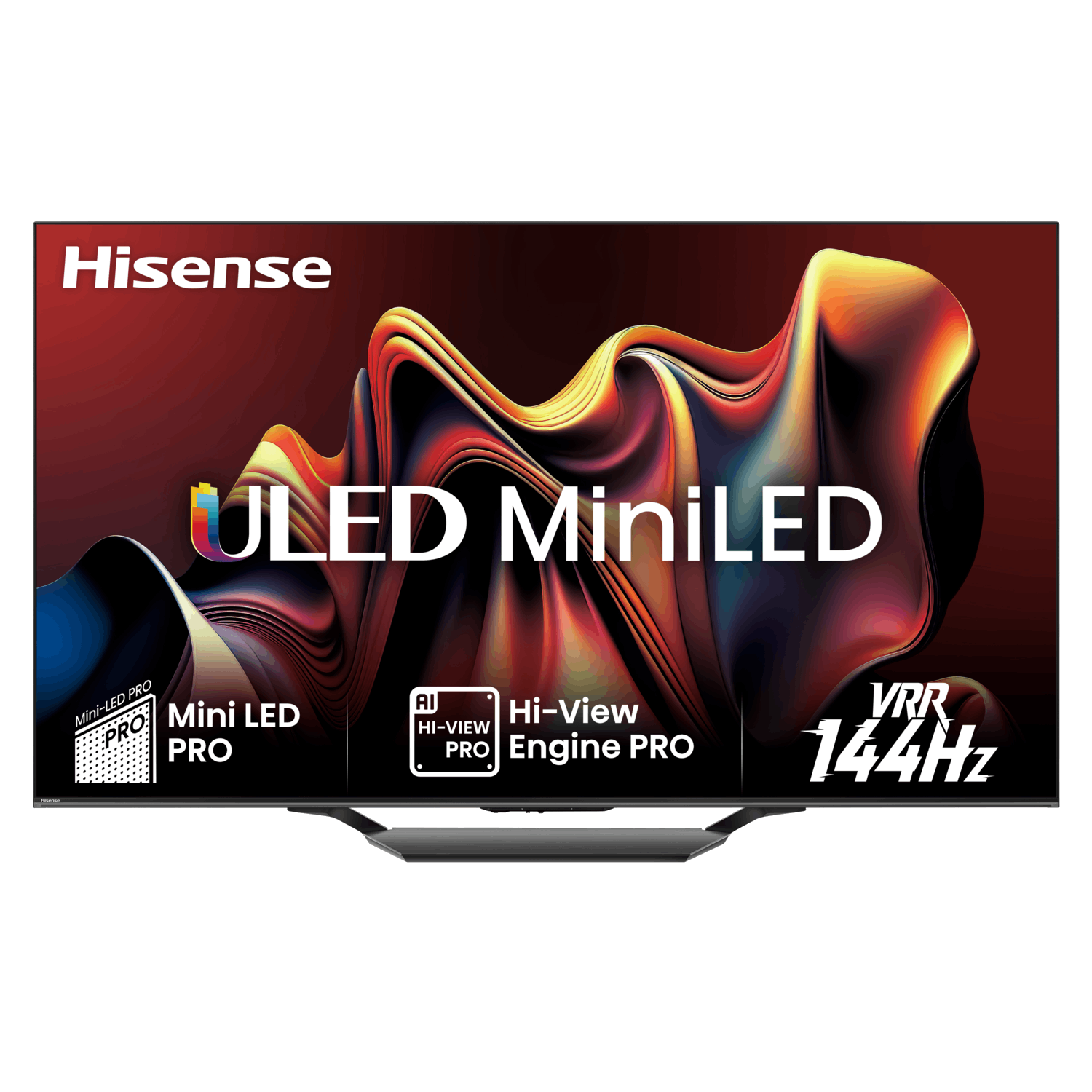 Téléviseur Hisense ULED MiniLED avec écran abstrait coloré, cadre noir et informations sur le produit.