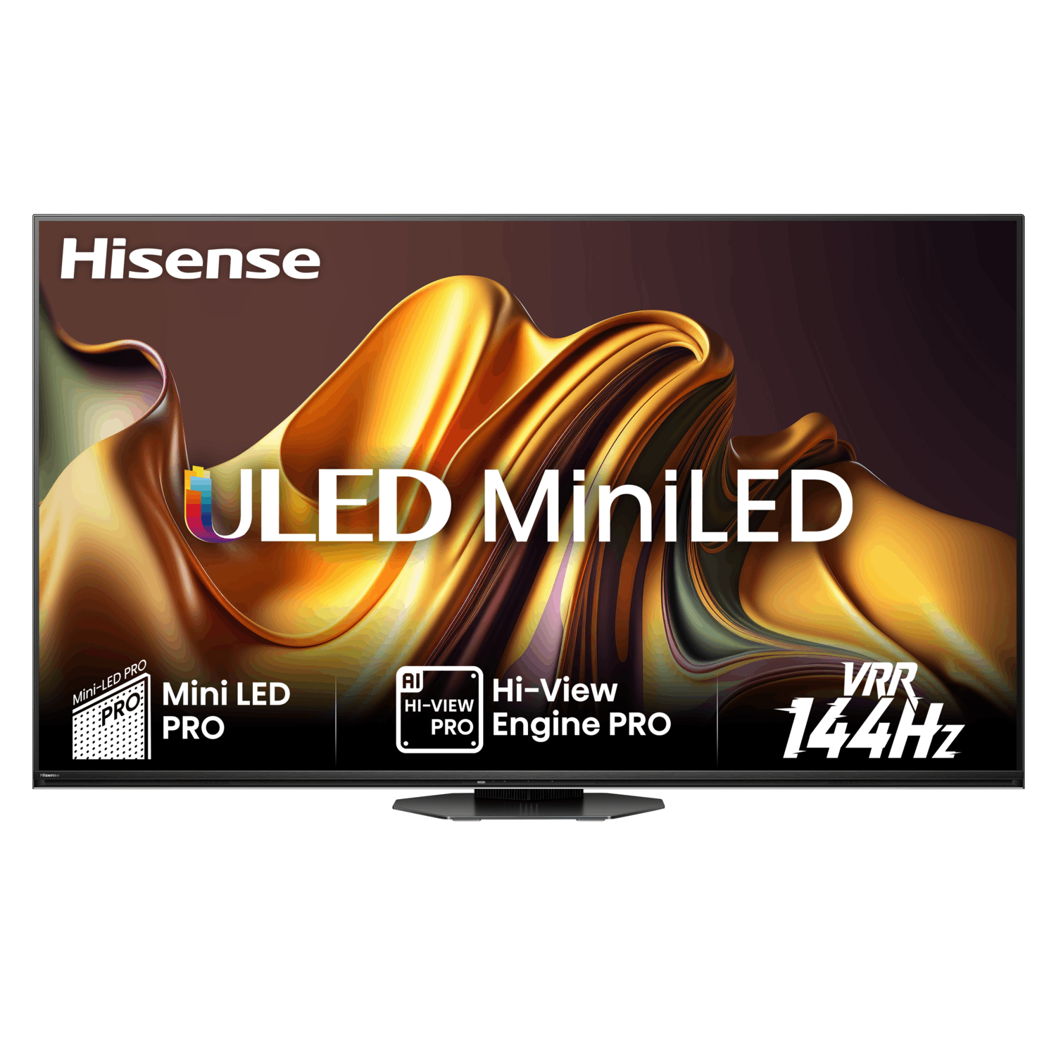 Hisense ULED MiniLED TV met goud design op scherm, zwarte lijst en VRR 144Hz label.