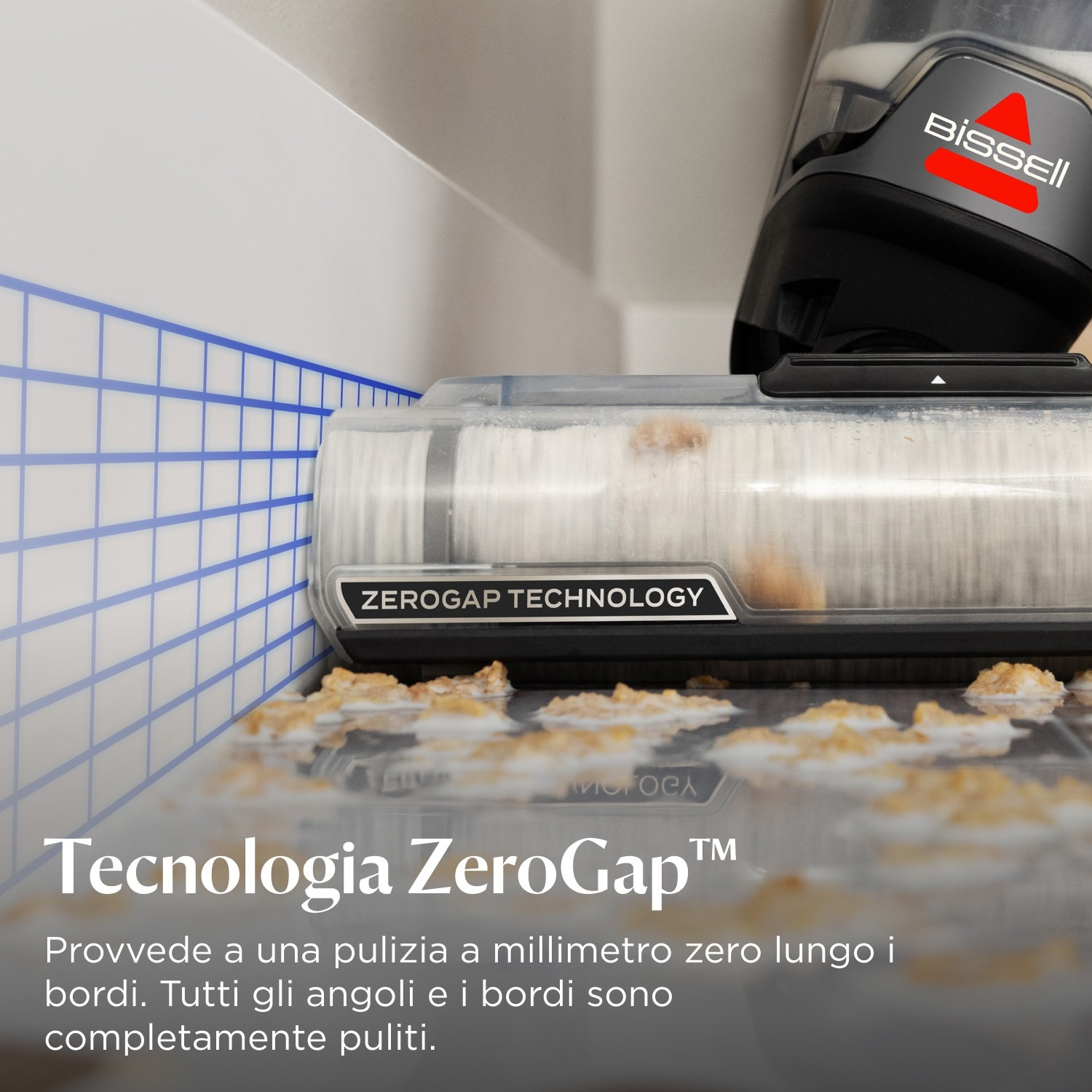 Testa dell'aspirapolvere Bissell che pulisce una superficie. La tecnologia ZeroGap è visibile.