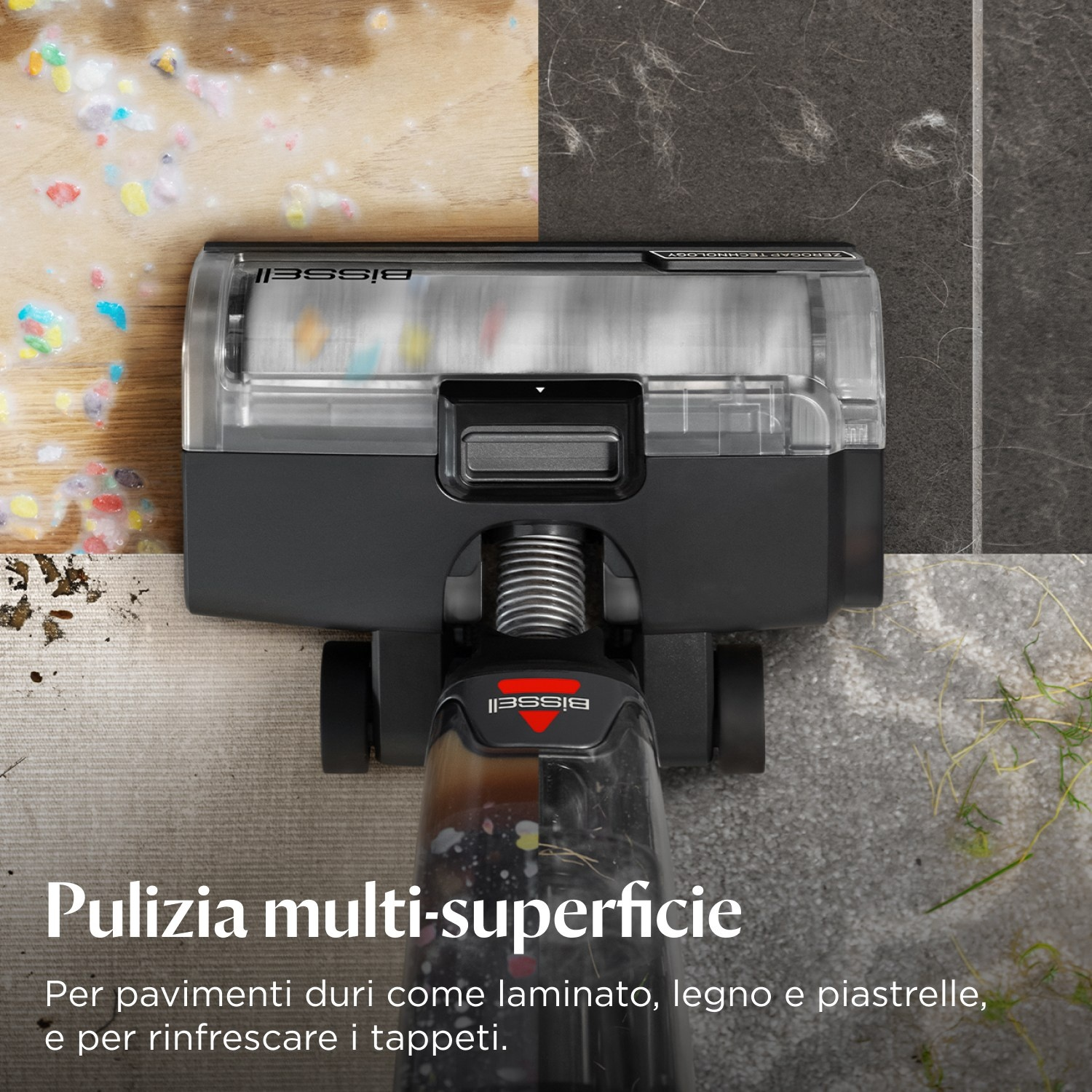 Testa dell'aspirapolvere che pulisce diverse superfici. È nera e grigia con il logo Bissell.