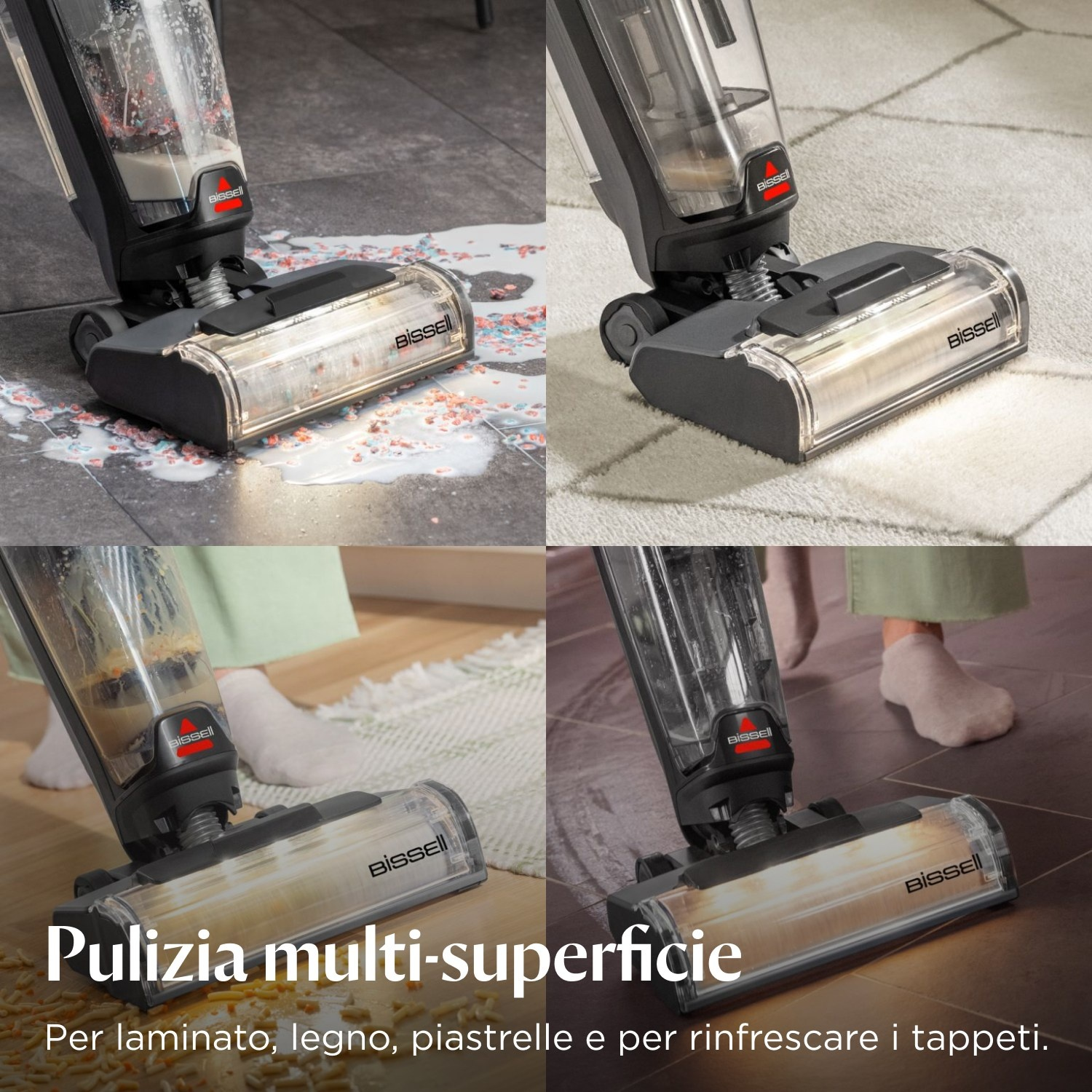 Aspirapolvere in azione, che mostra più superfici con sporco e risultati di pulizia.