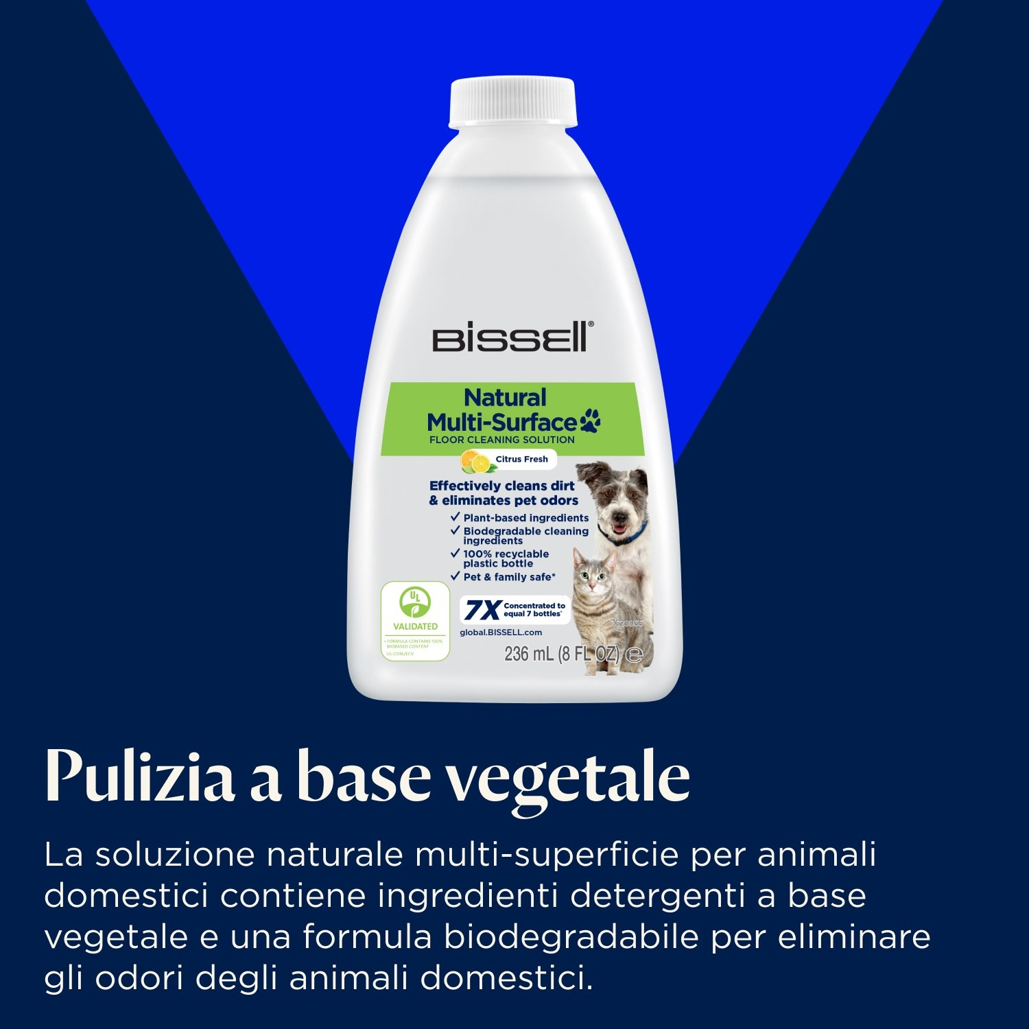 Una bottiglia di detergente multi-superficie Bissell con un cane e un gatto. Il testo include affermazioni di pulizia e ingredienti.