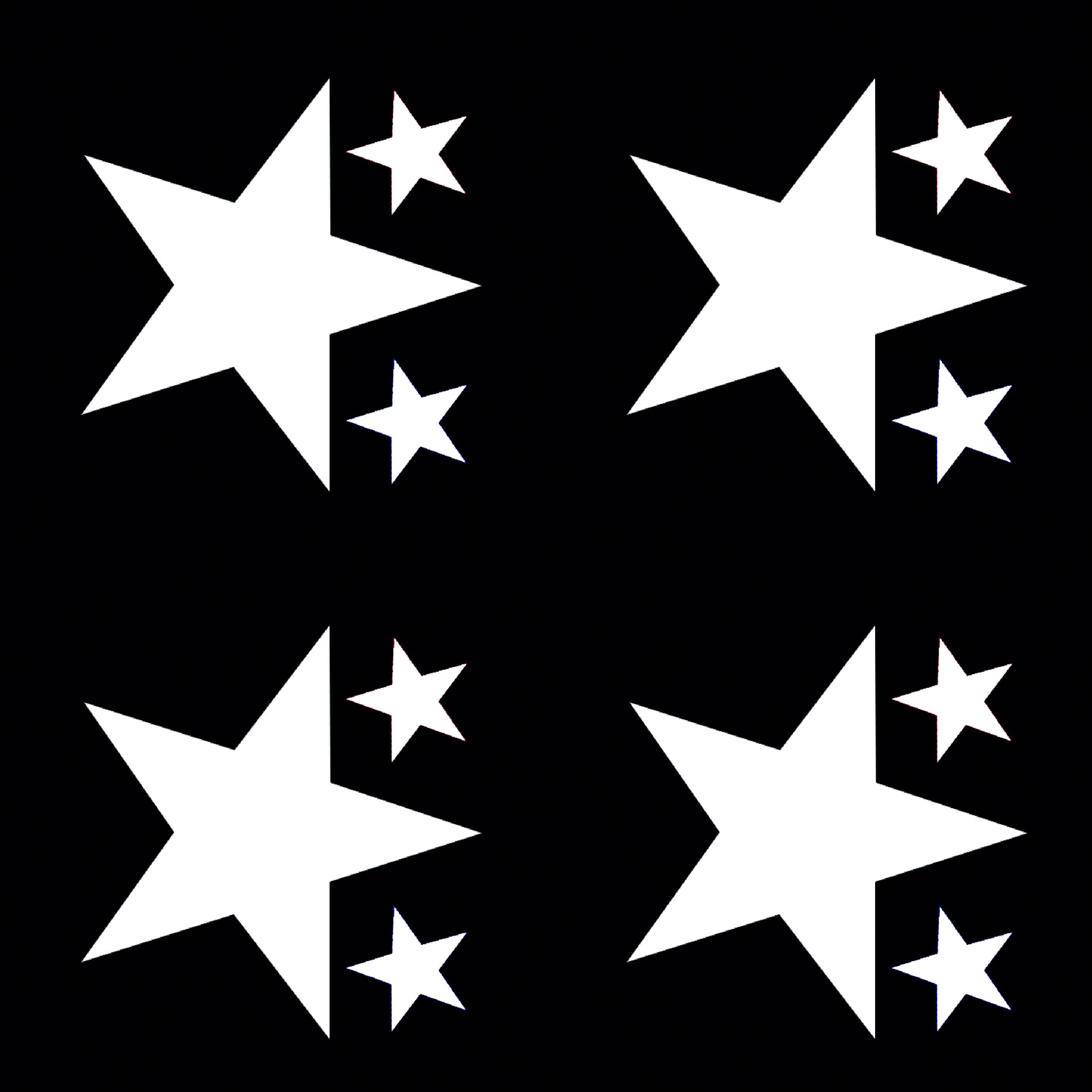 Quattro gruppi di stelle bianche su sfondo nero. Ogni gruppo ha una stella grande e piccola.