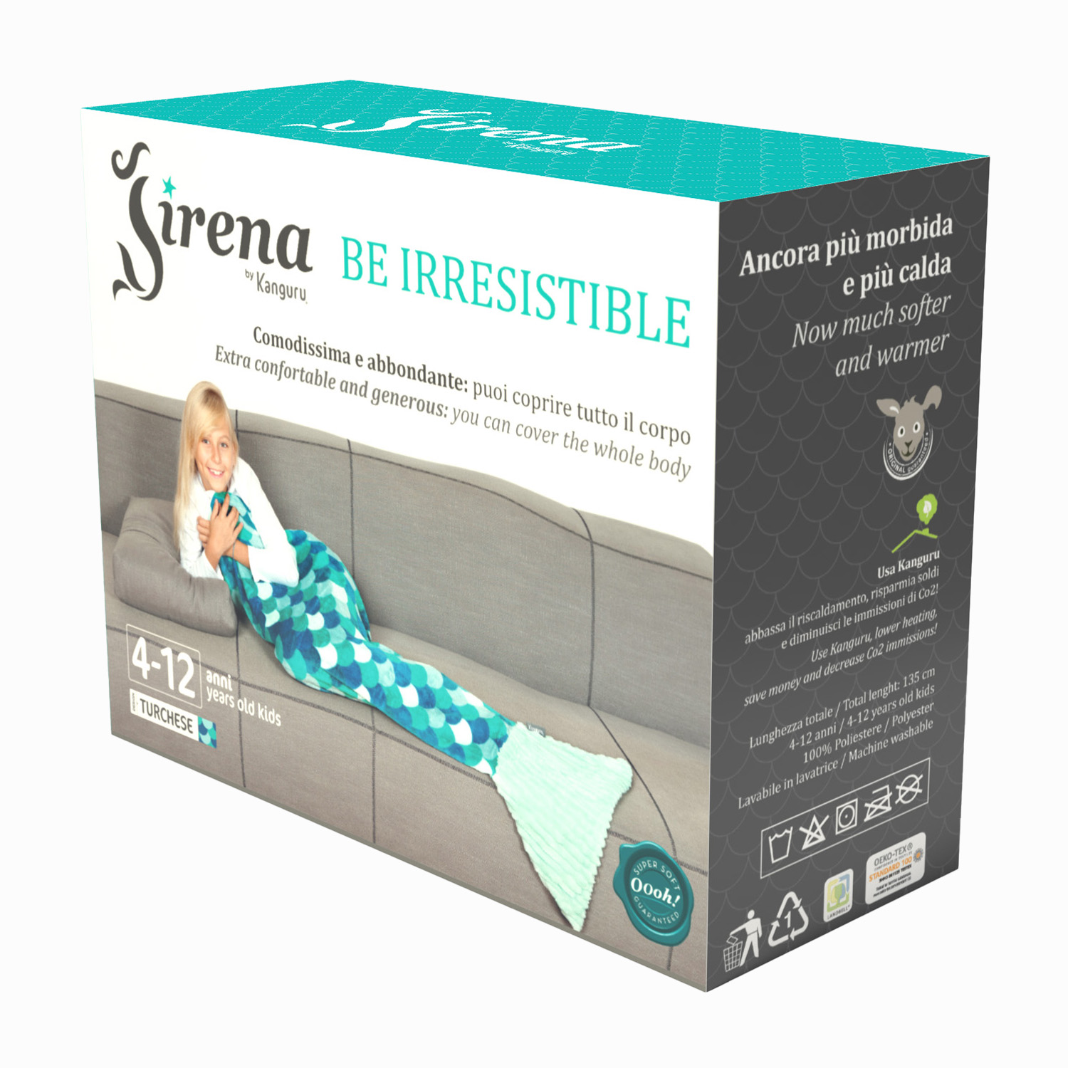 Scatola di una coperta a coda di sirena. Presenta un bambino nella coperta e testo in italiano e inglese.