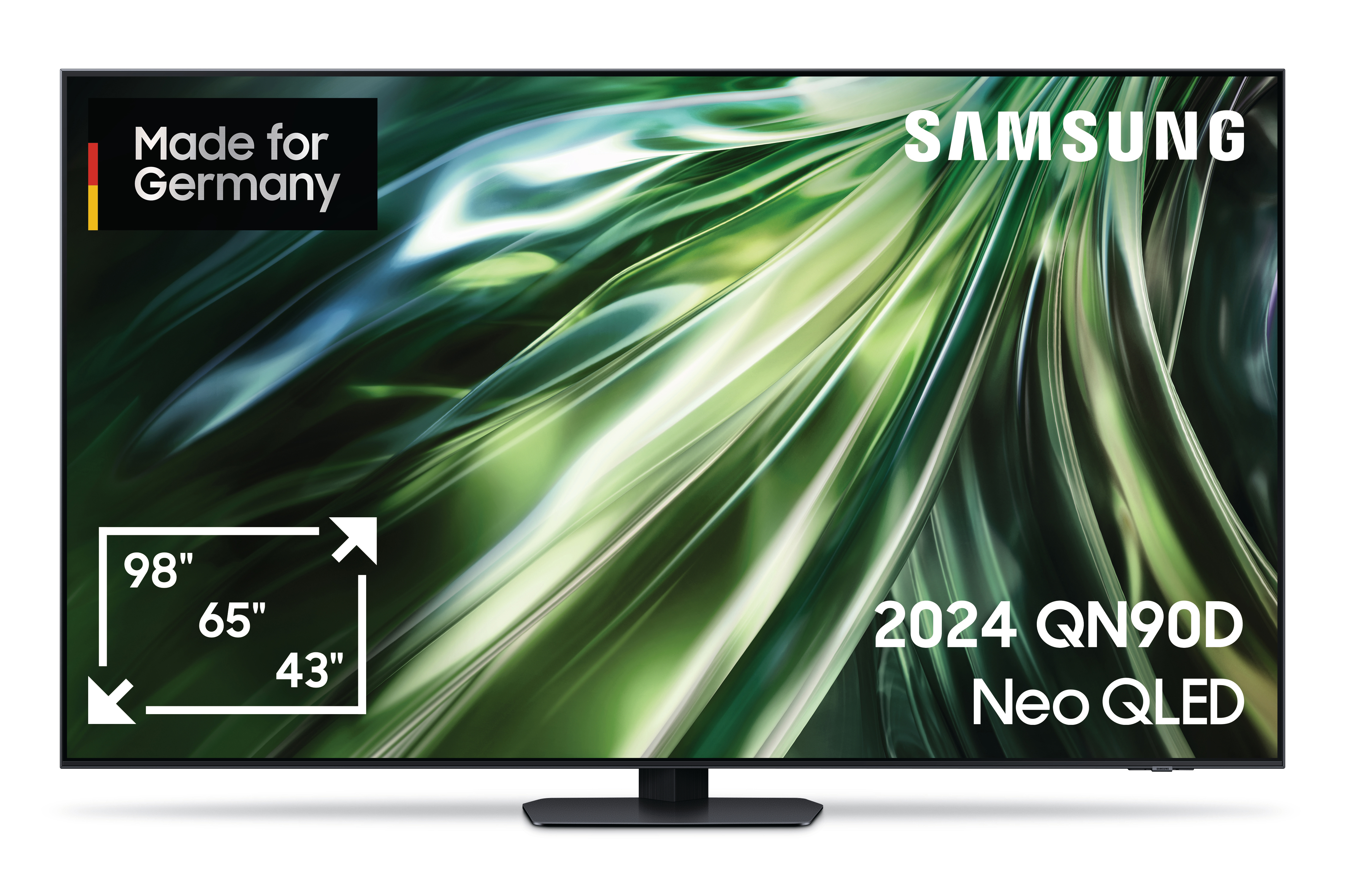 Samsung TV mit grüner Kunst. Text: Samsung, 2024 QN90D, Neo QLED. Schwarzer Rahmen, schwarzer Standfuß.