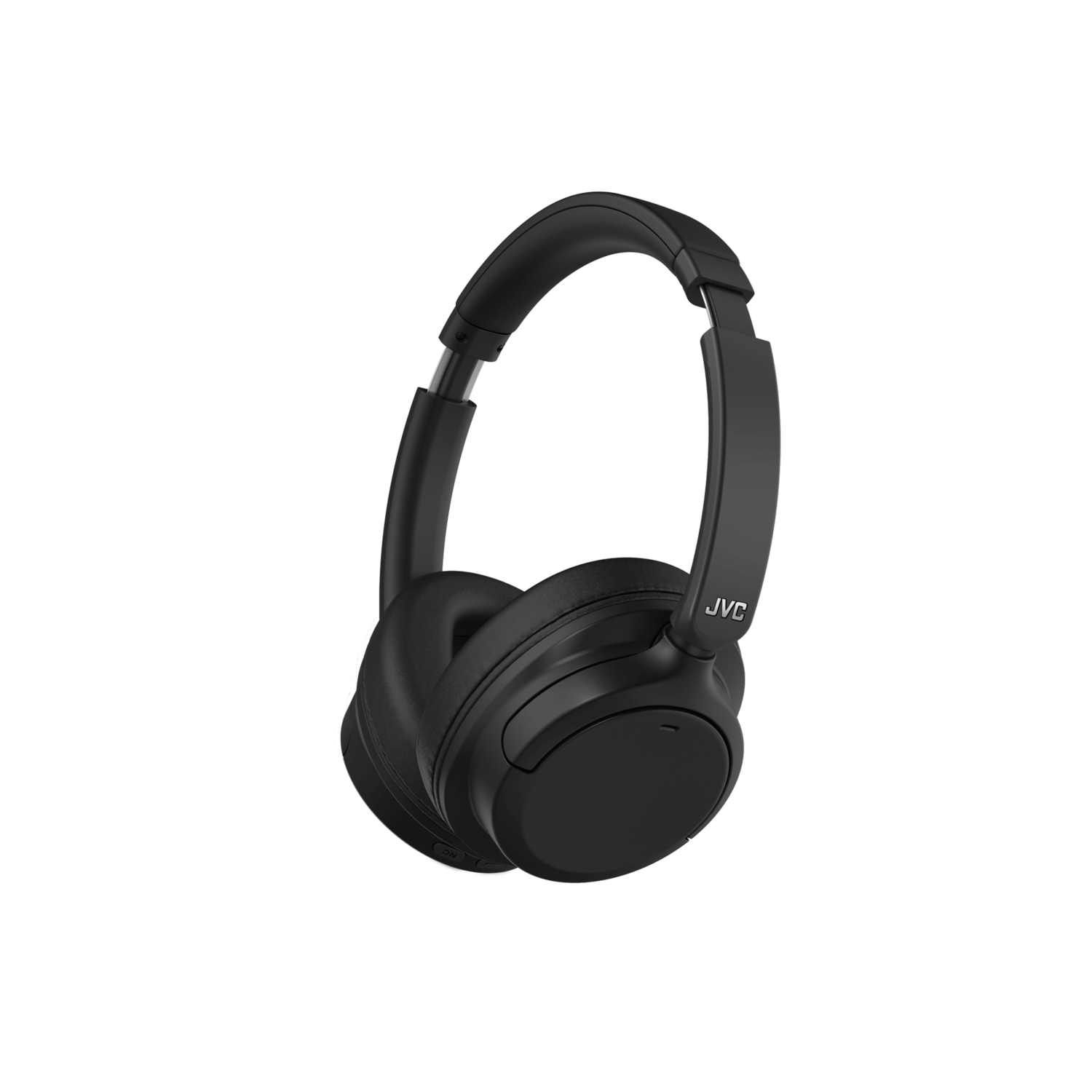 Black JVC headphones. The headphones are over-ear and black. They are on a black background.