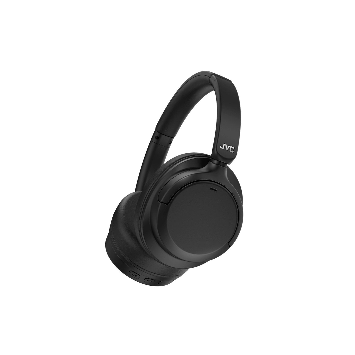 Black headphones with a JVC logo. The headphones are over-ear and facing a black background.