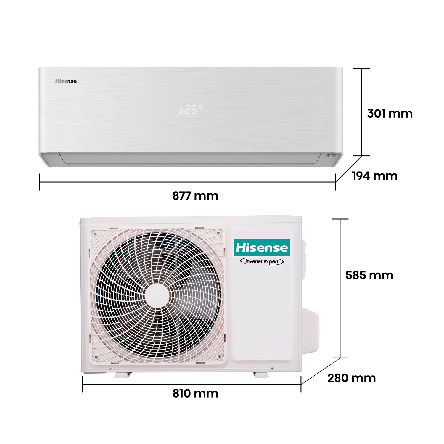 Unidad de aire acondicionado blanca, con dimensiones, y una unidad exterior a juego.