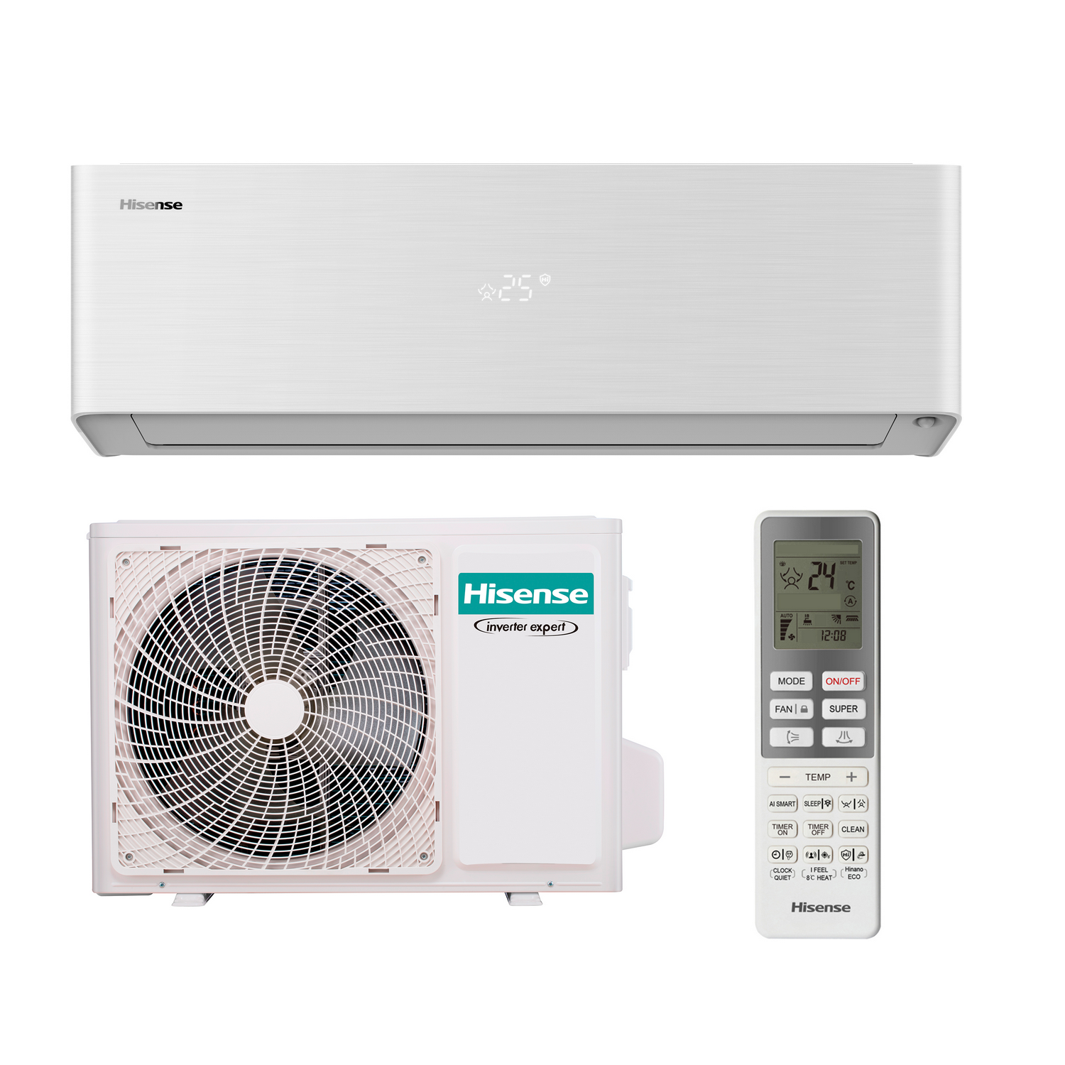 Aire acondicionado Hisense blanco con unidad exterior y mando a distancia.