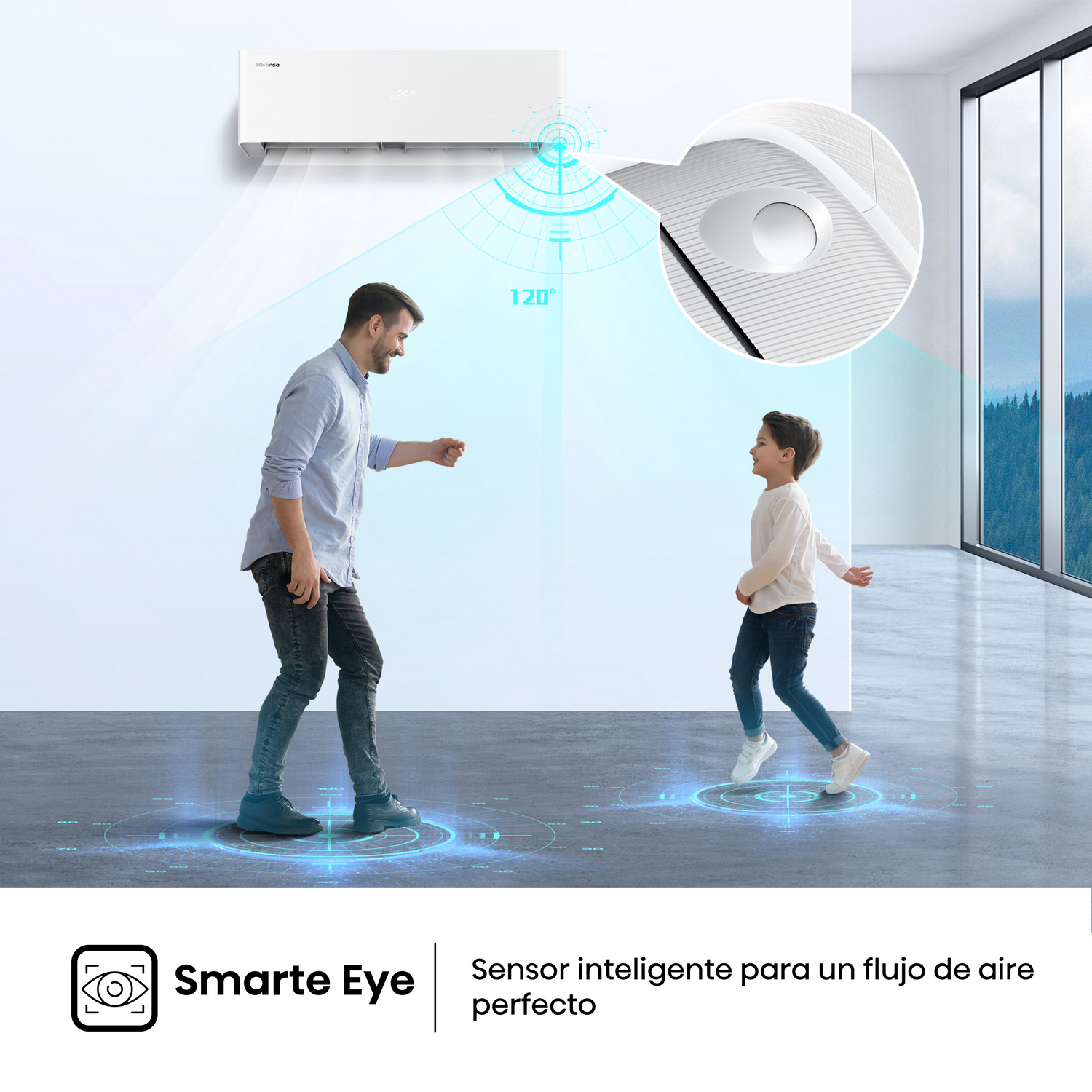 Un hombre y un niño interactúan bajo un aire acondicionado. El aire muestra un flujo de aire de 120 grados.