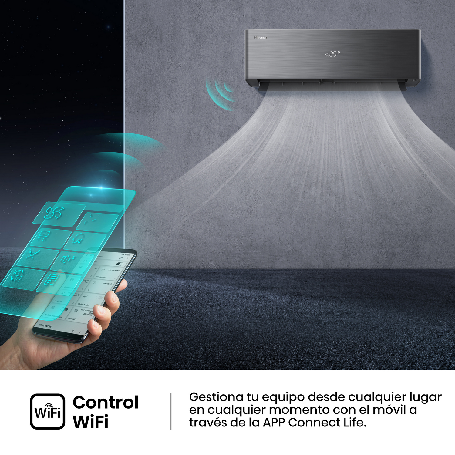 Una mano sosteniendo un teléfono controlando un aire acondicionado montado en la pared. La habitación tiene un diseño moderno.