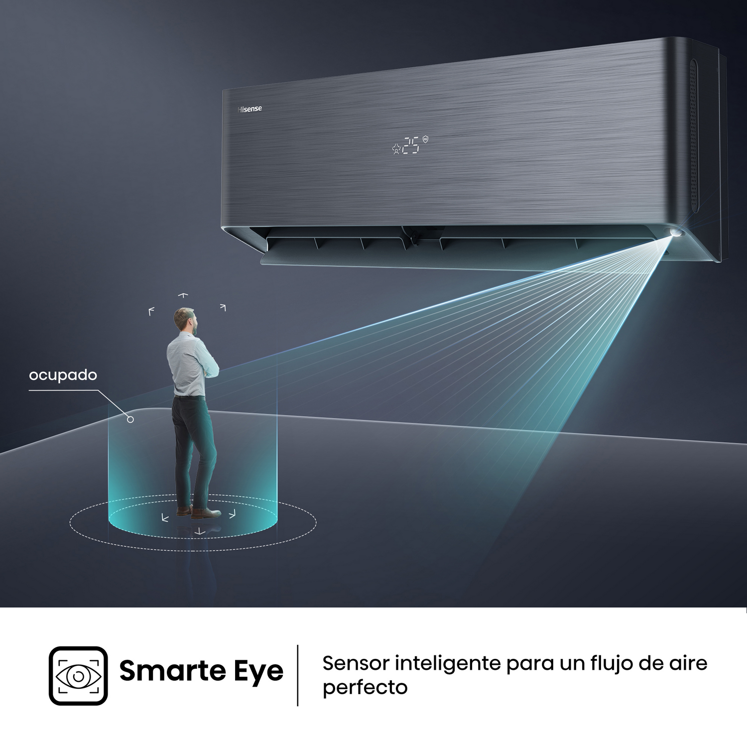 Unidad de aire acondicionado con una persona debajo y un sensor Smart Eye para el flujo de aire.