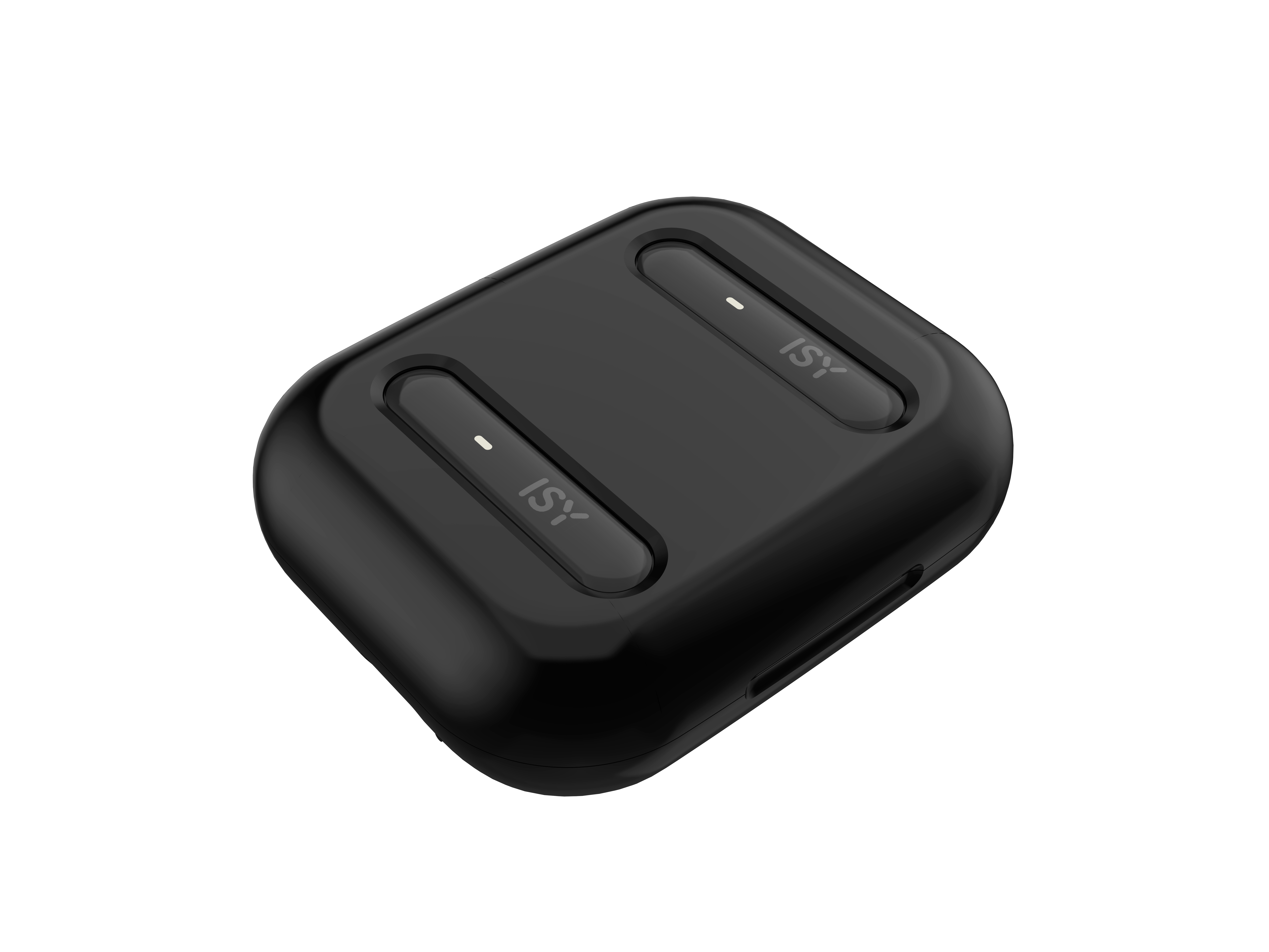 Ein schwarzes Ladecase mit dem ISY-Logo. Einfaches, glattes Design.