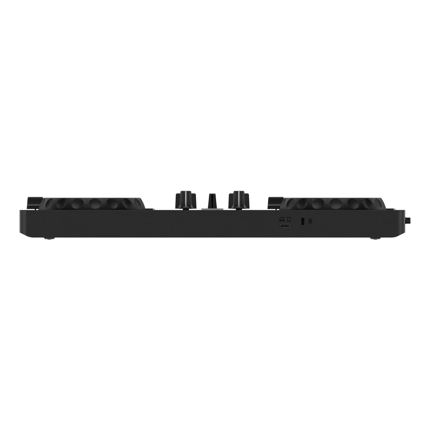 Black DJ controller, top view, knobs and buttons on a black background.