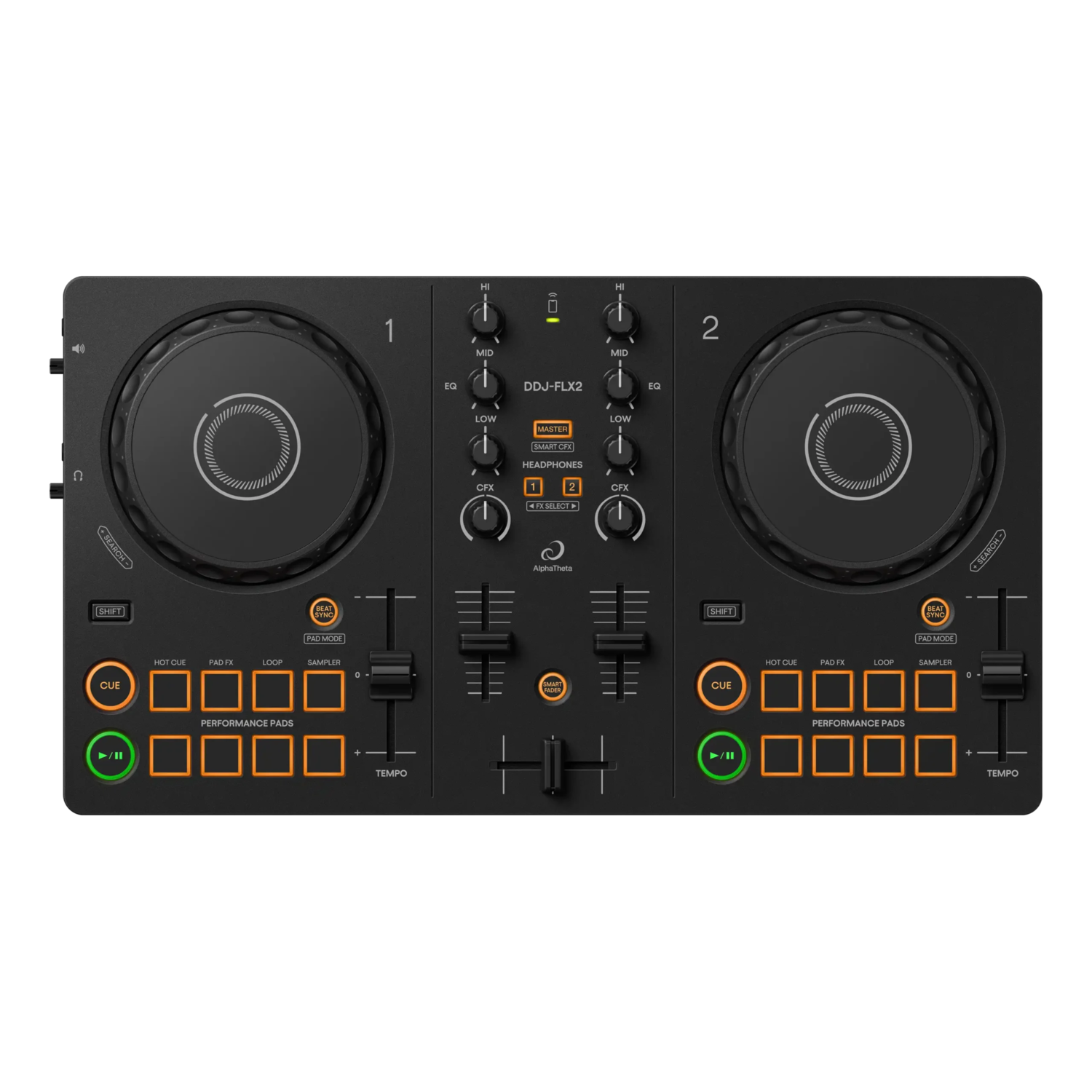 DJ controller with two circular decks, buttons and sliders on a black background.