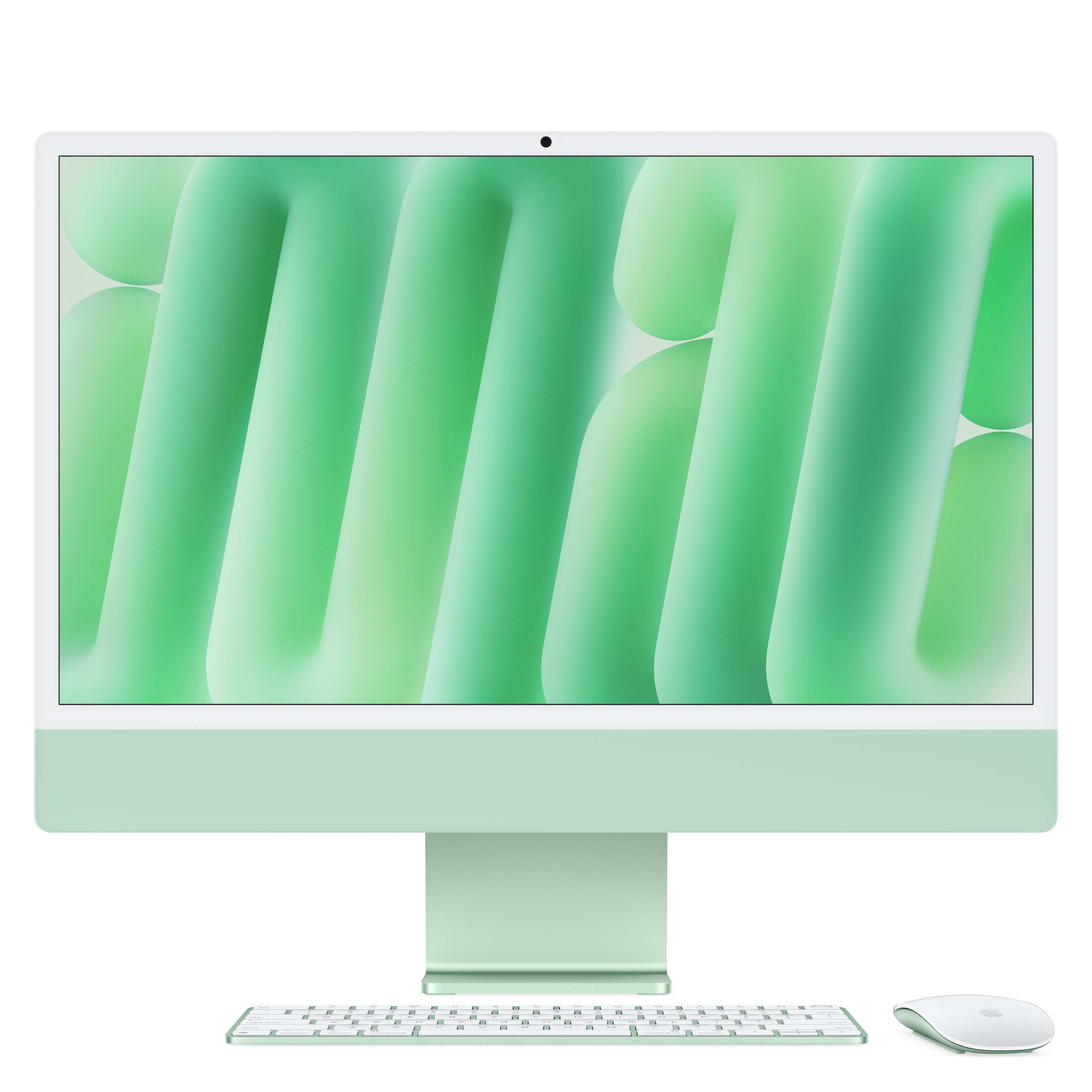 Egy iMac számítógép zöld színvilággal, beleértve a billentyűzetet, az egeret és a képernyőt.