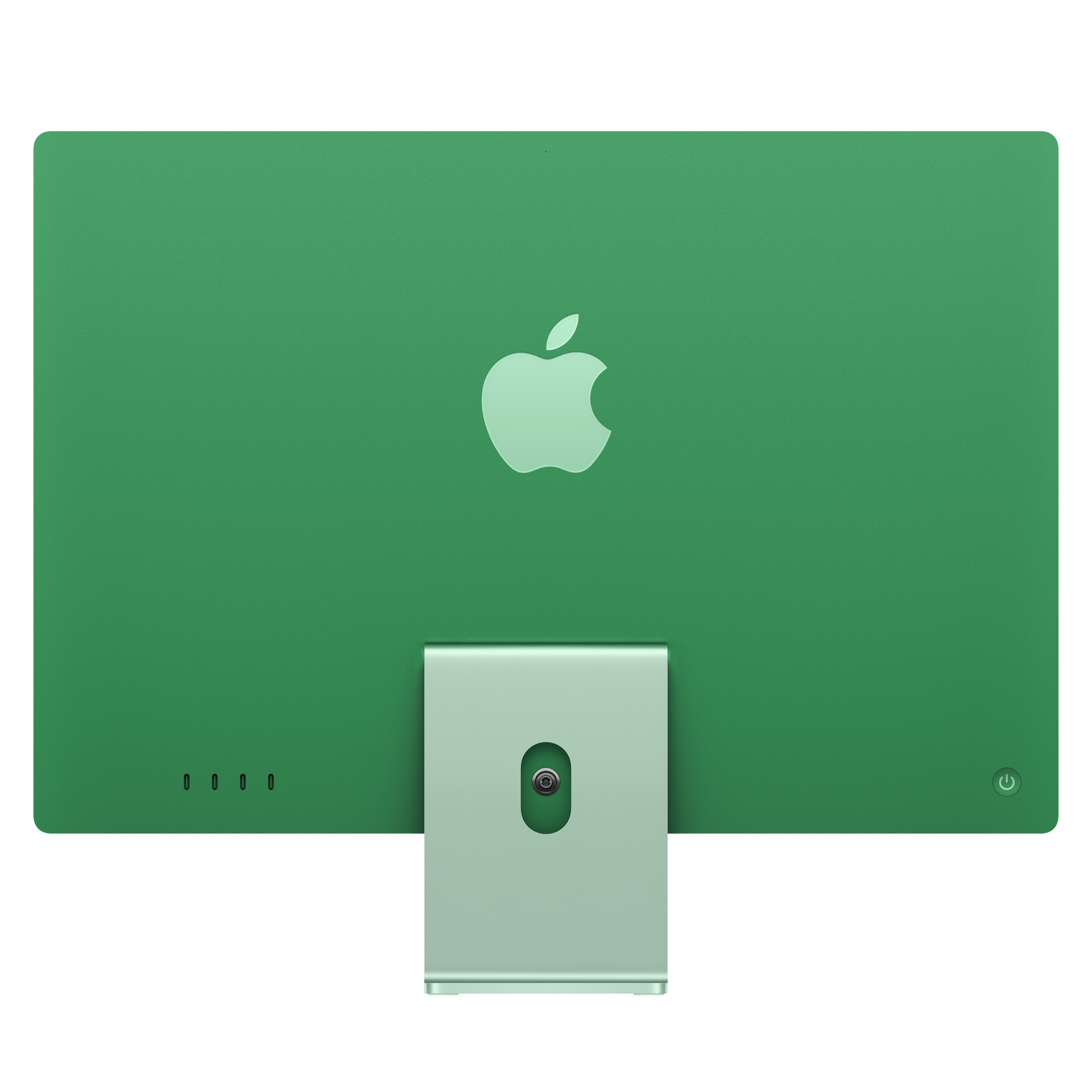 Zöld iMac hátulnézet Apple logóval és port részletekkel. Zöld állvány, oldalsó bekapcsológombbal.