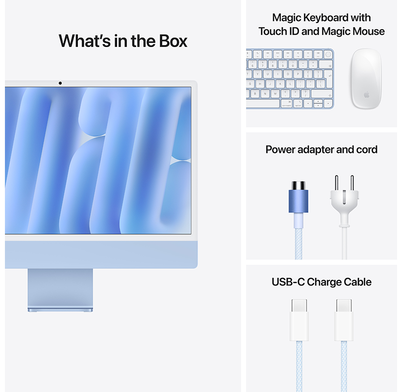 Egy iMac, billentyűzet és egér látható kék háttérrel.