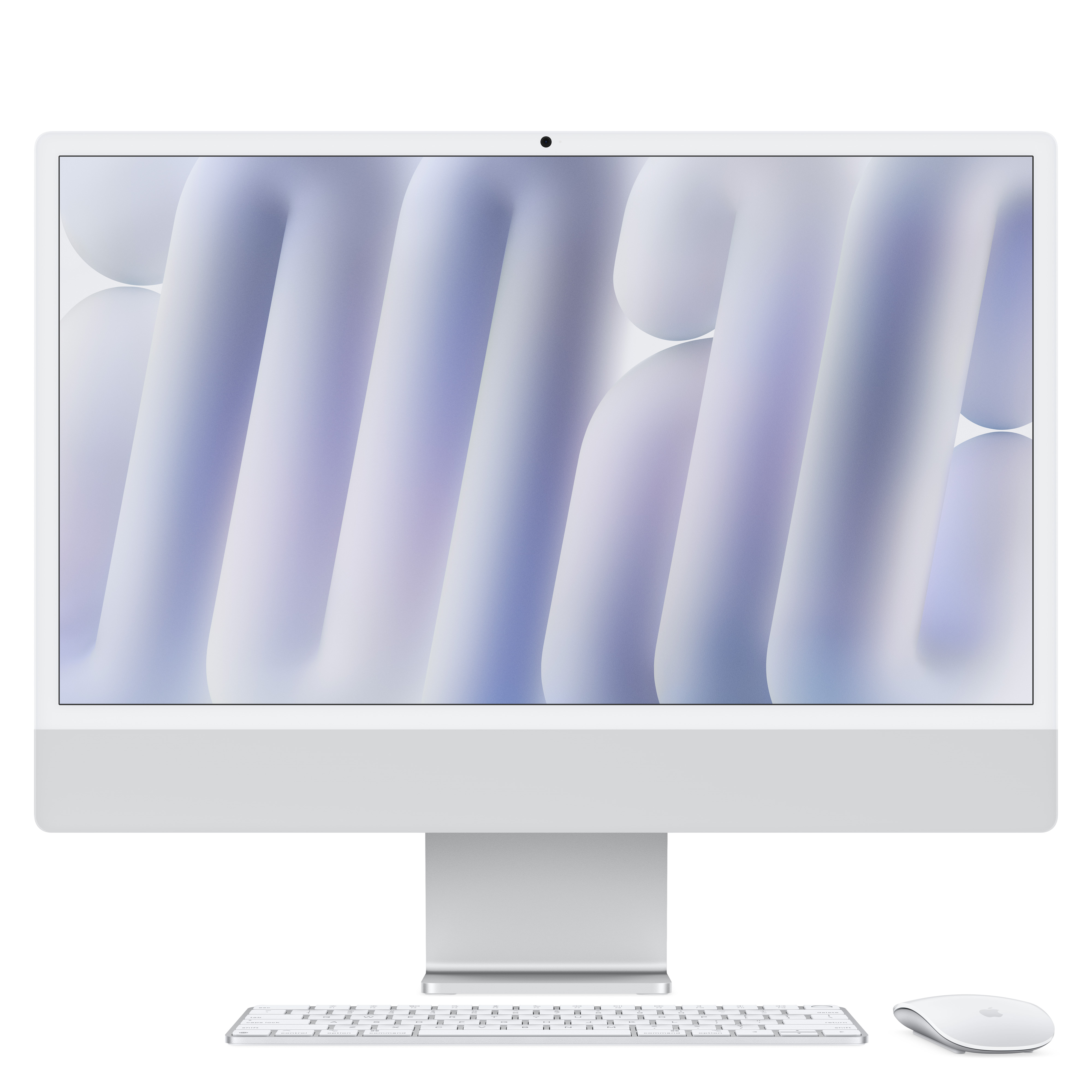 Fehér iMac számítógép, billentyűzet és egér. A képernyő hullámos, absztrakt hátteret mutat. Fehér háttér.