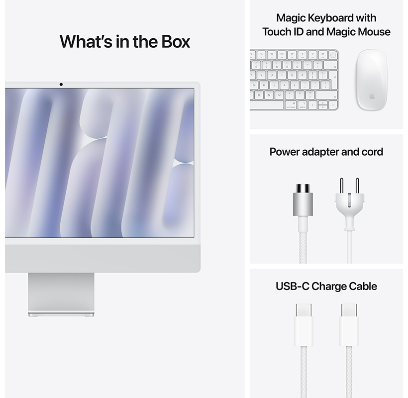 A képen egy fehér iMac látható, olyan kiegészítőkkel, mint a billentyűzet, egér és kábelek.