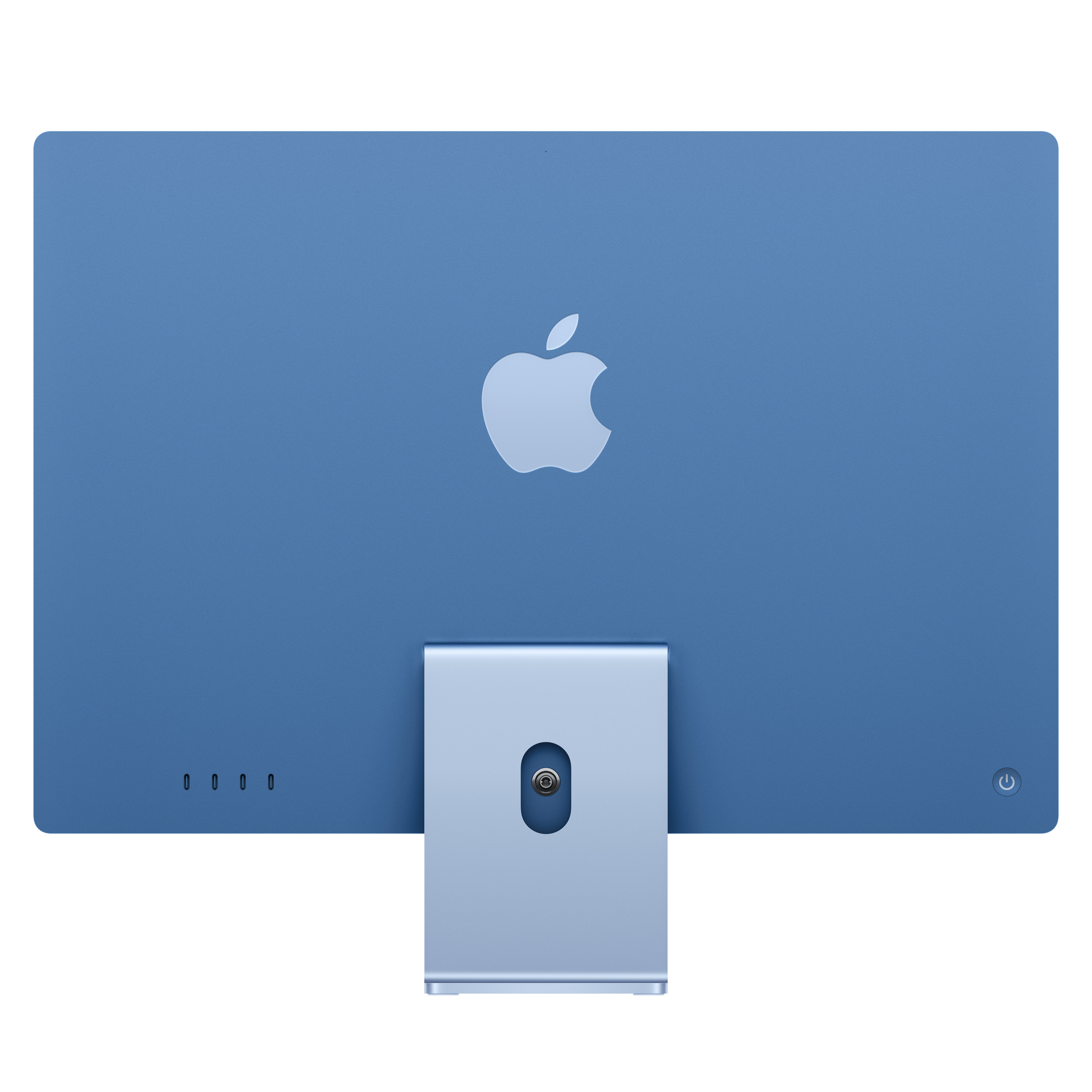 Egy kék iMac hátulja. Az Apple logója kiemelkedő. Egy állvány van rögzítve.