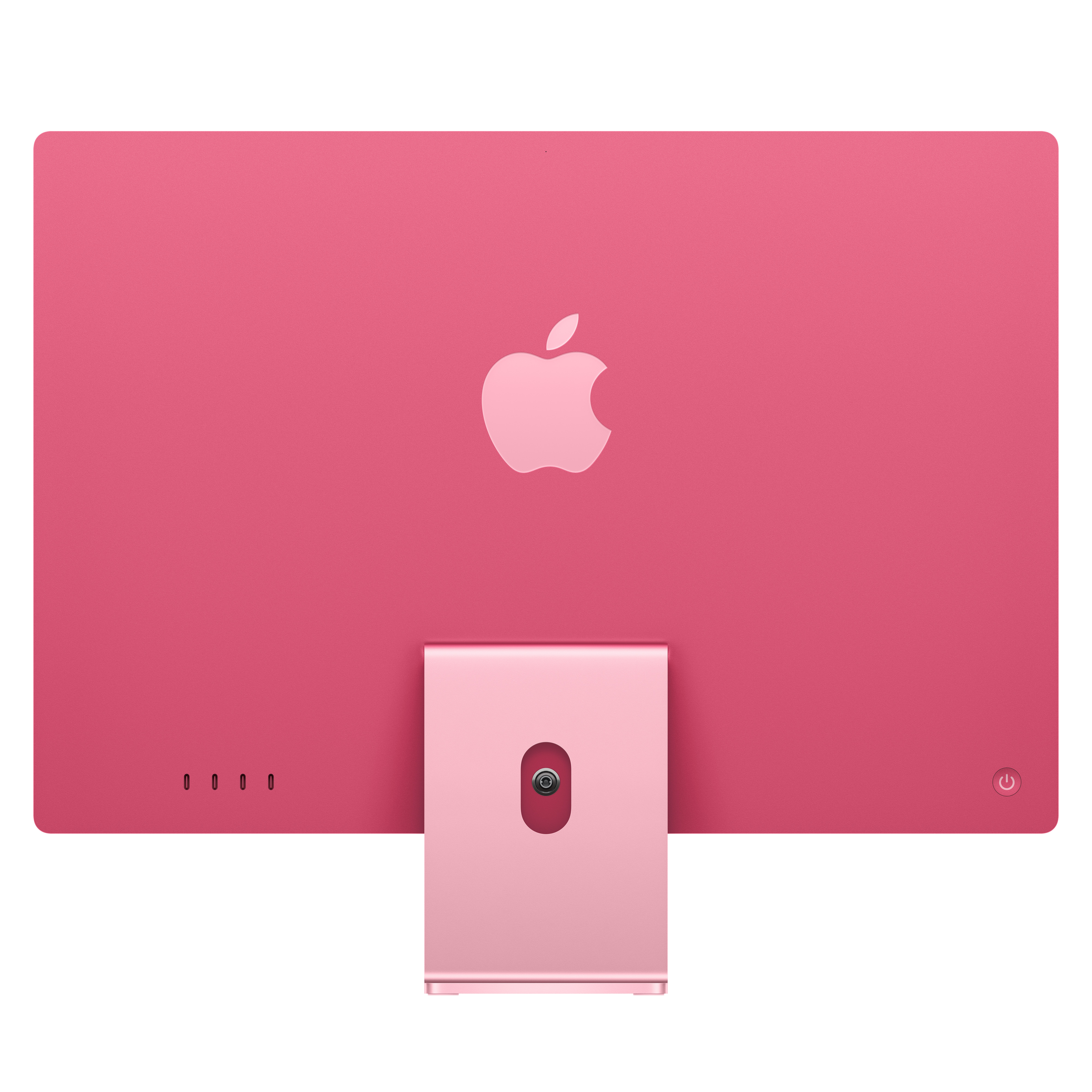 Rózsaszín iMac hátulról, Apple logóval és talppal.