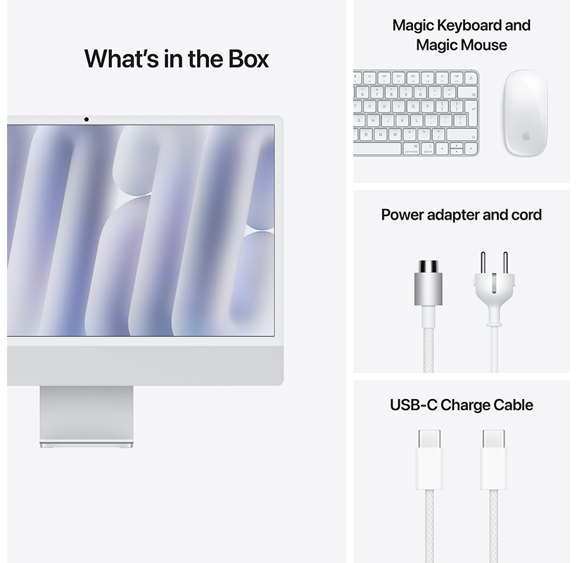 Egy iMac, Magic Keyboard, Magic Mouse, hálózati adapter és USB-C kábel fehér felületen.