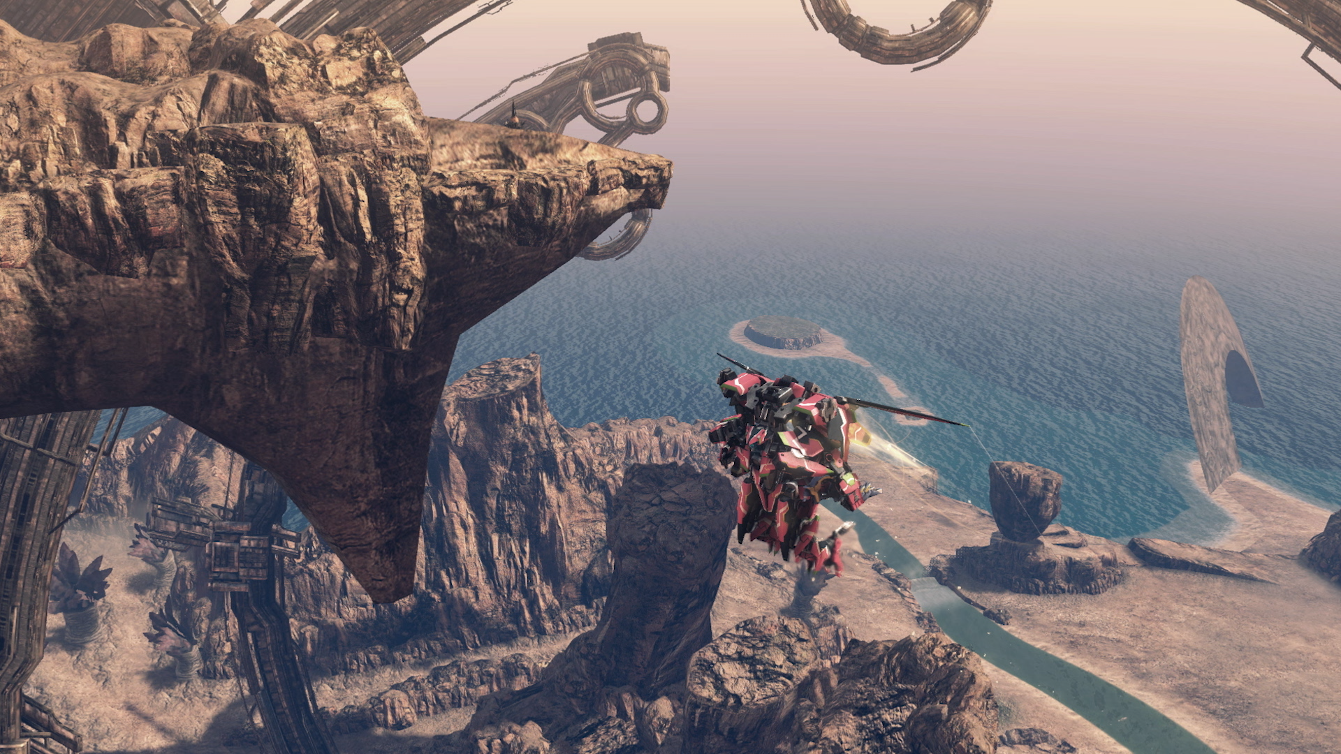 Un paisaje futurista con un mech rojo y rosa volando.