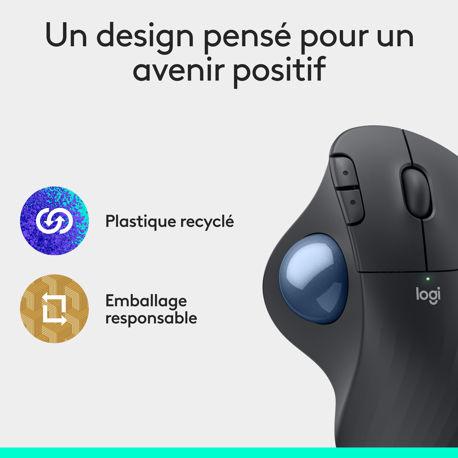 Souris noire avec trackball bleu, à côté d'icônes de recyclage et d'emballage.