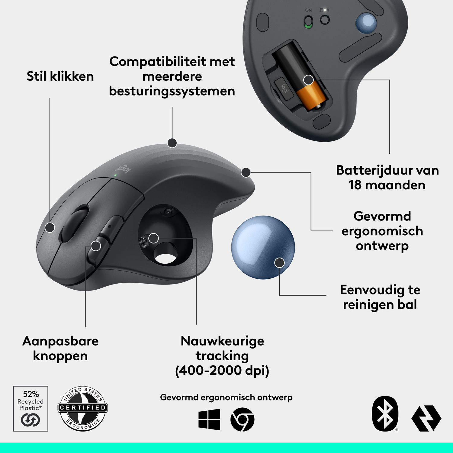 A black ergonomic mouse with text labels on a white background. Features buttons and a trackball.