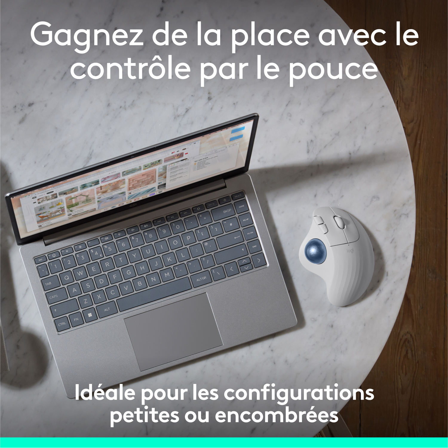 Un ordinateur portable et une souris trackball sur une table en marbre. Le texte dit 'Gagnez de la place avec le contrôle'.