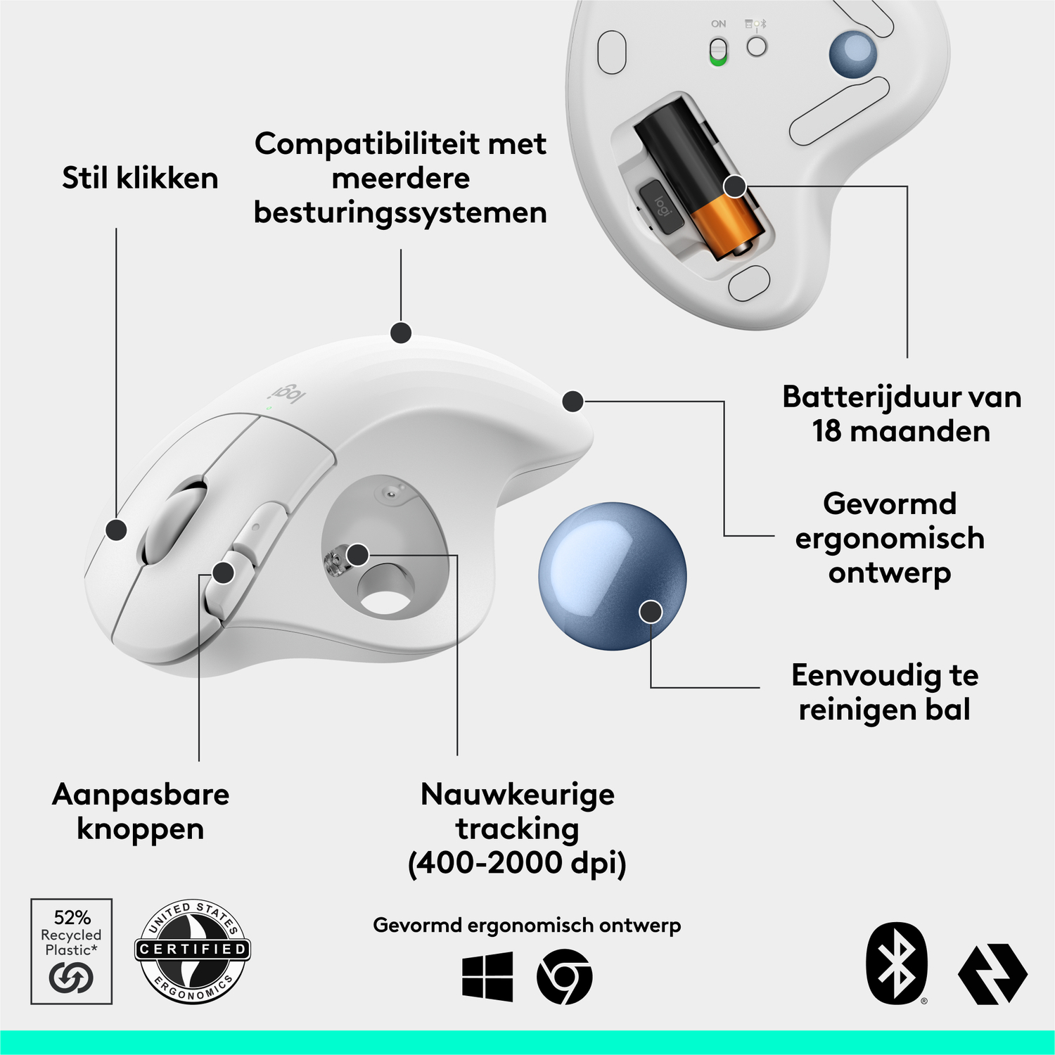 Witte ergonomische muis met knoppen, een trackball en details van het batterijvak.