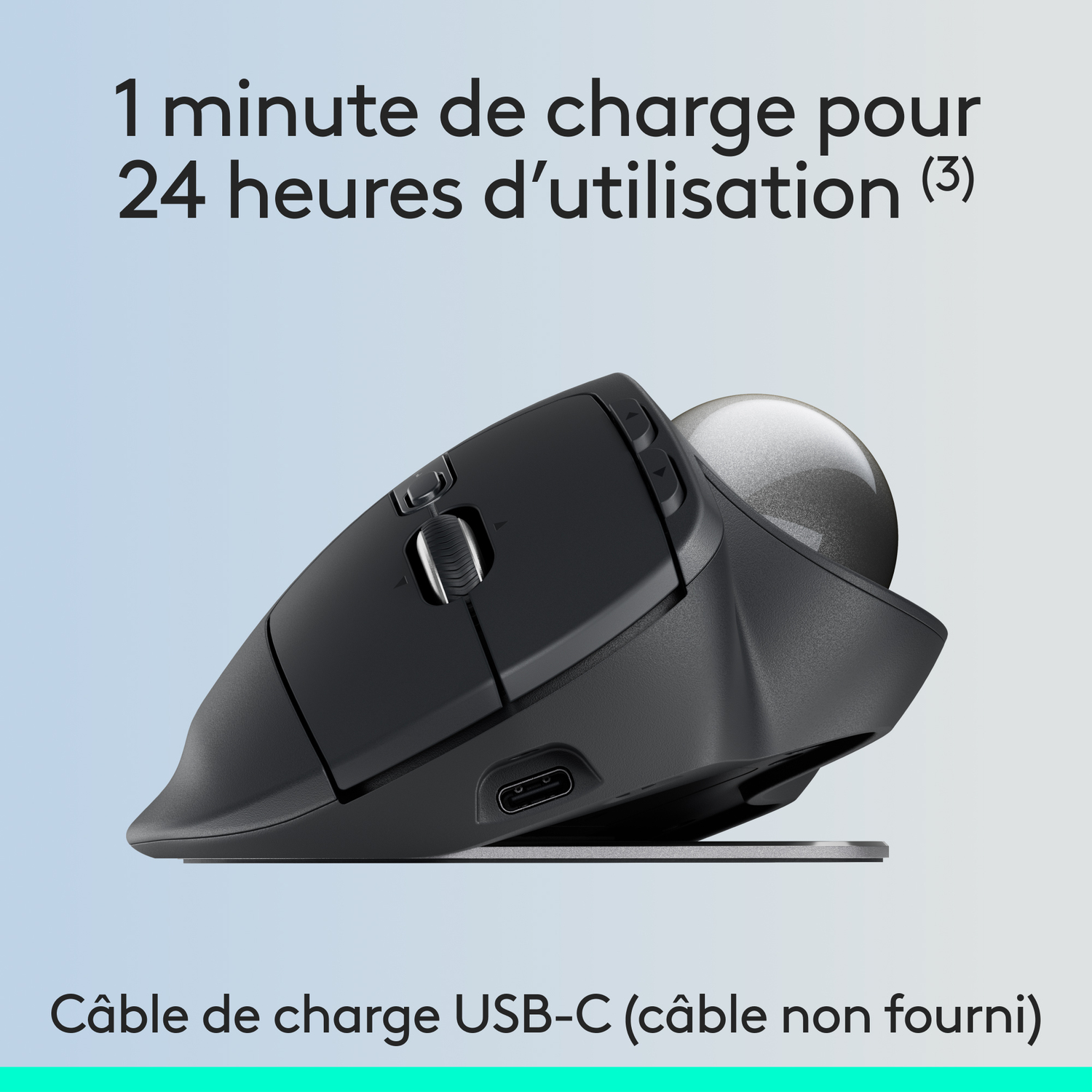 Souris noire avec trackball, câble de charge. Texte: 1 min de charge pour 24h d'utilisation.