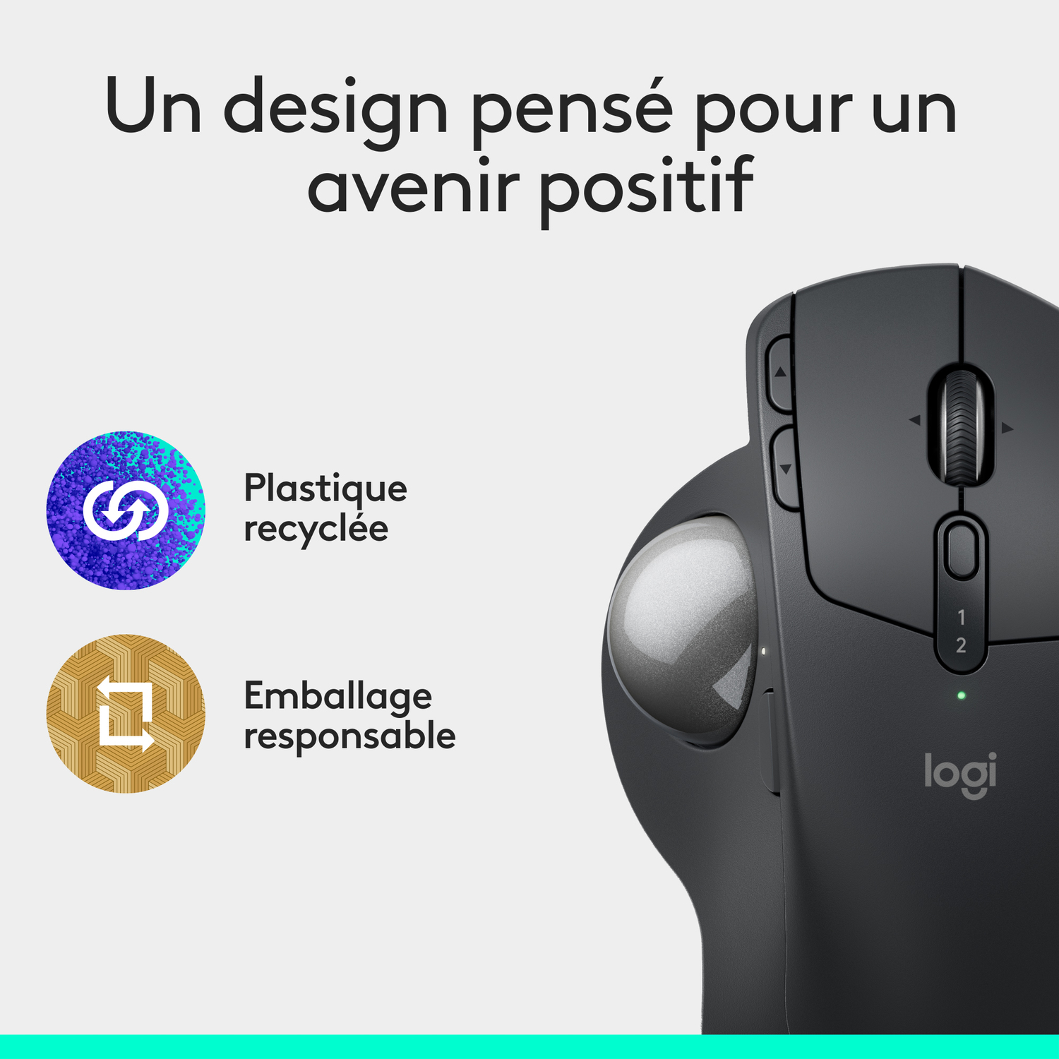 Souris noire avec trackball, boutons et texte sur plastique et emballage recyclés.