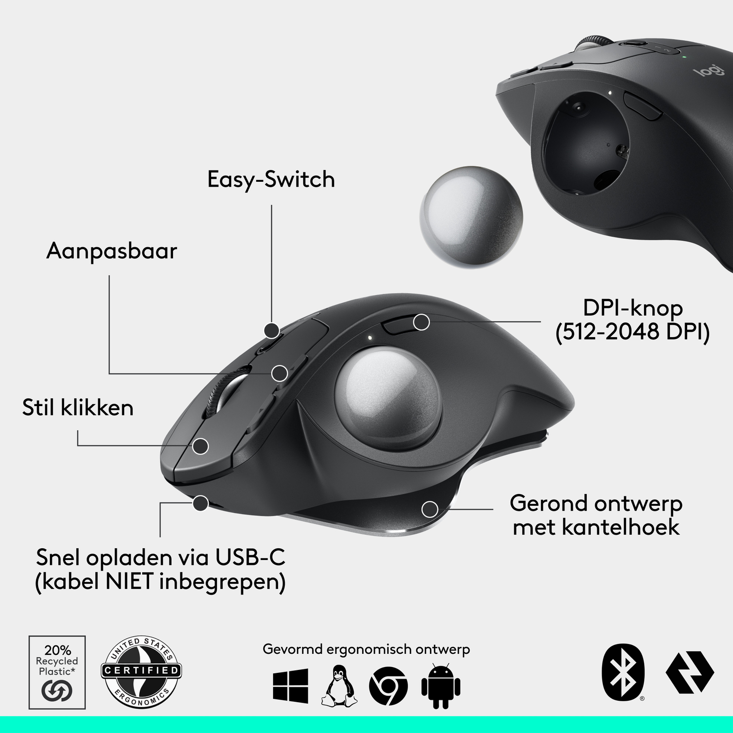 Black ergonomic mouse with buttons, a trackball, and text labels.