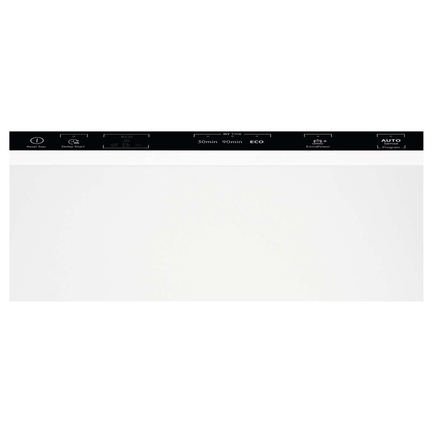 Dishwasher control panel with buttons and icons, white background.
