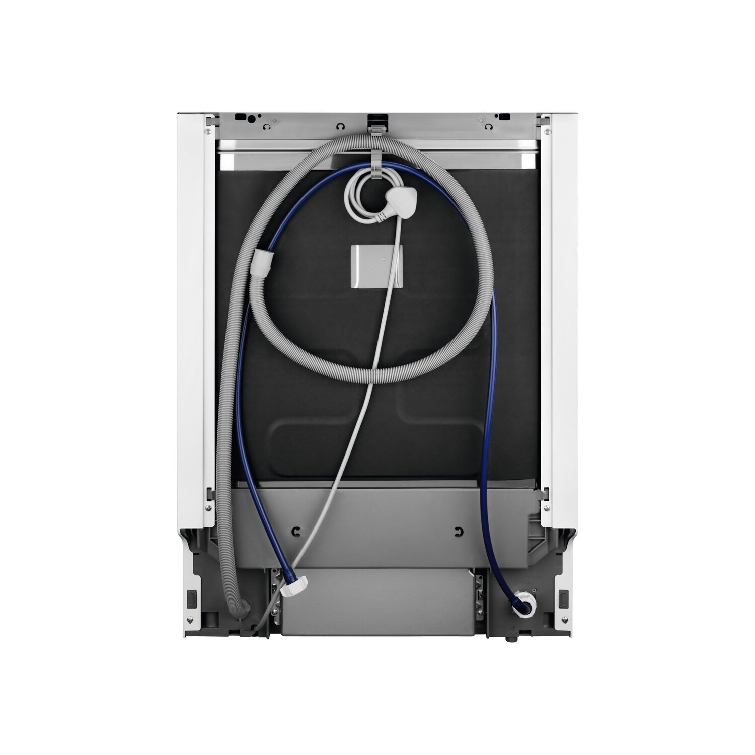 Back of a dishwasher showing hoses and a power cable, white background.