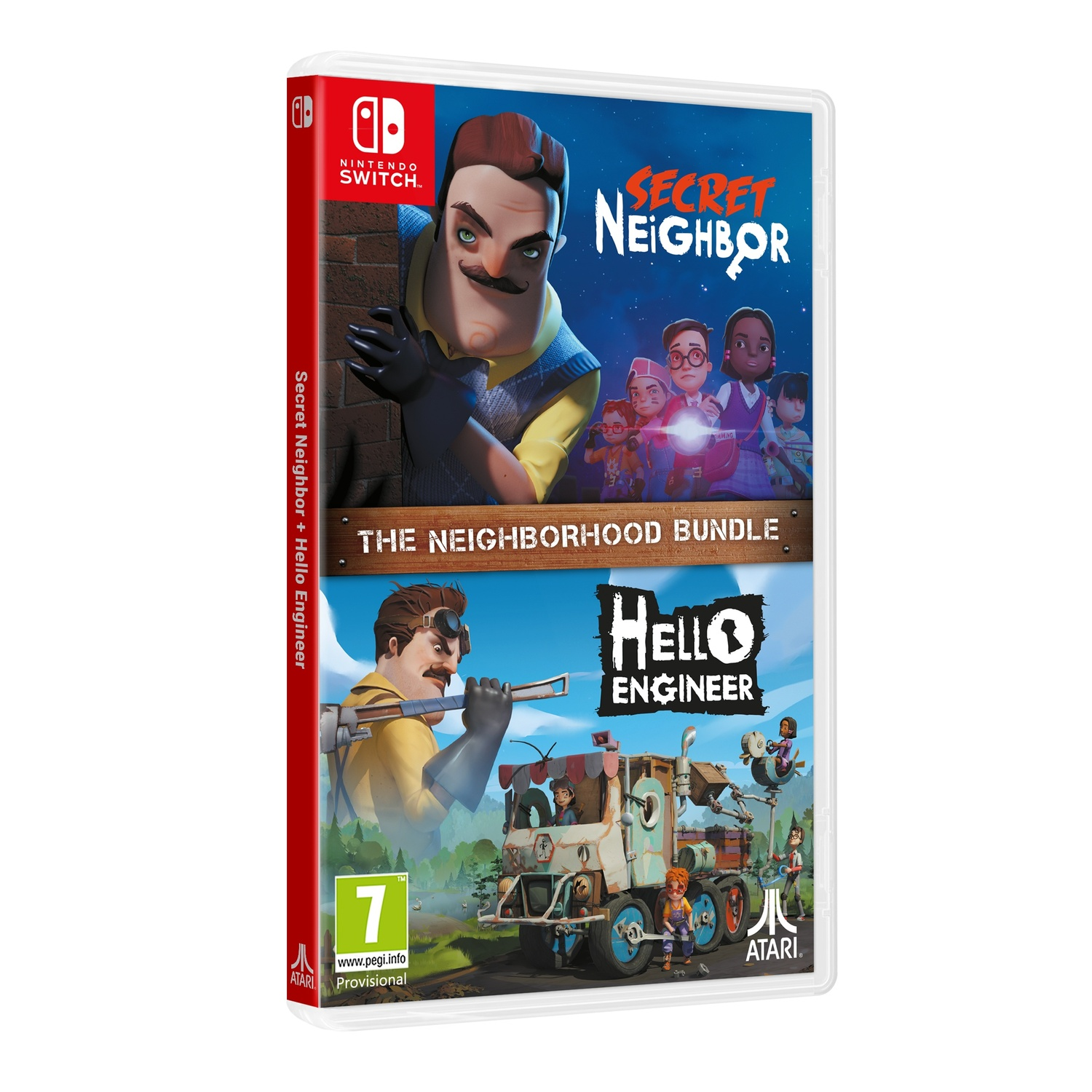 Spelbox met titels "Secret Neighbor" en "Hello Engineer". Nintendo Switch-logo is zichtbaar.