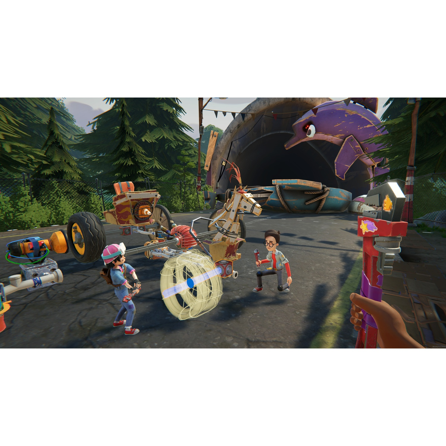 Een videogame scene met twee kinderen, een kar en een groot paars monster.
