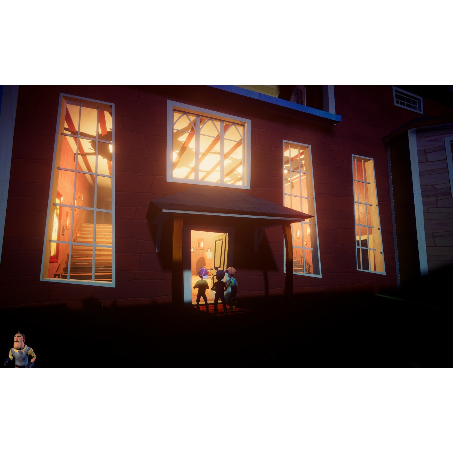 Drie figuren naderen een rood huis met grote ramen. Donkere omgeving.